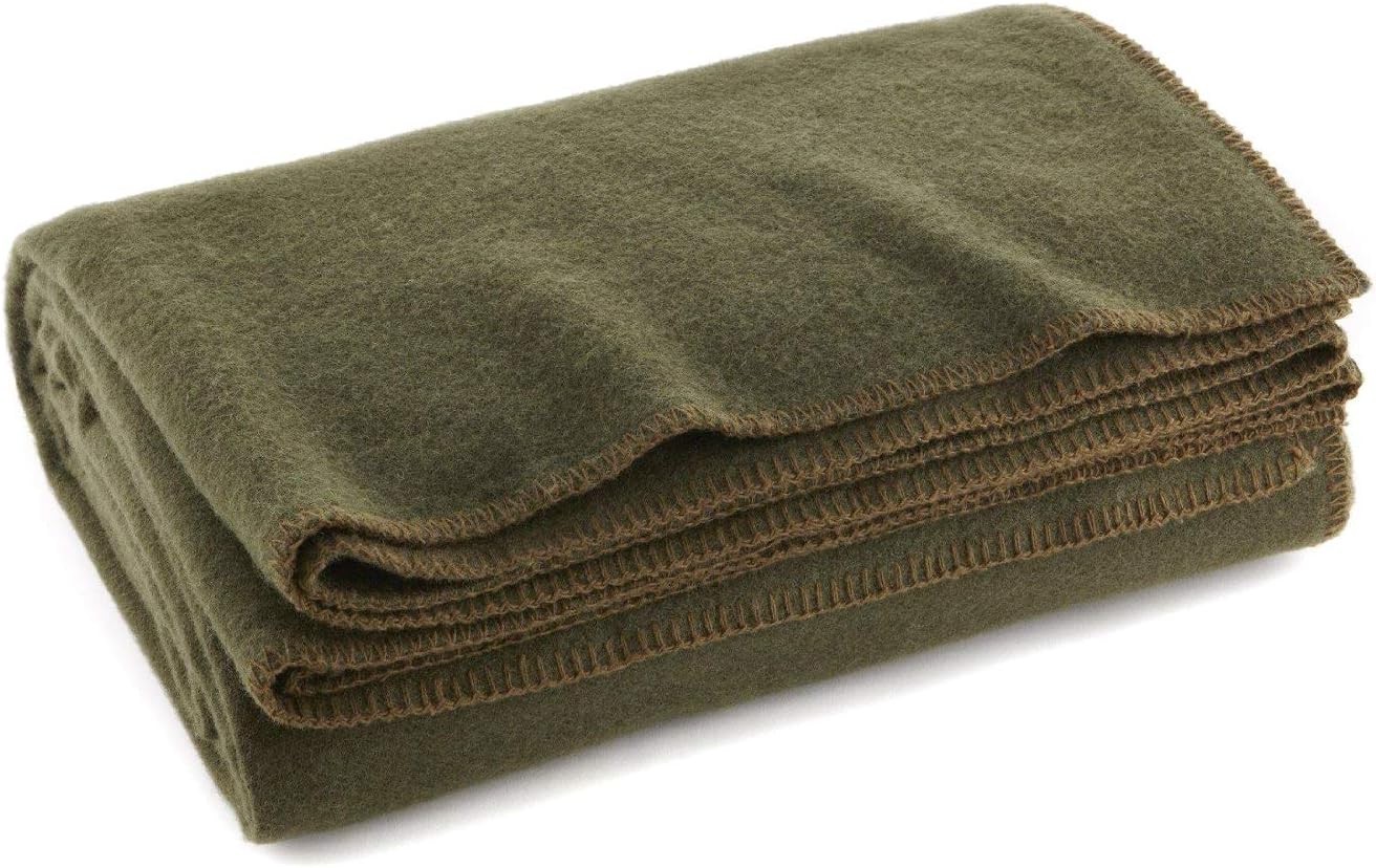 Large Heavyweight Olive Drab Wool Blanket, 66″ x 90″ for Camping & Emergencies