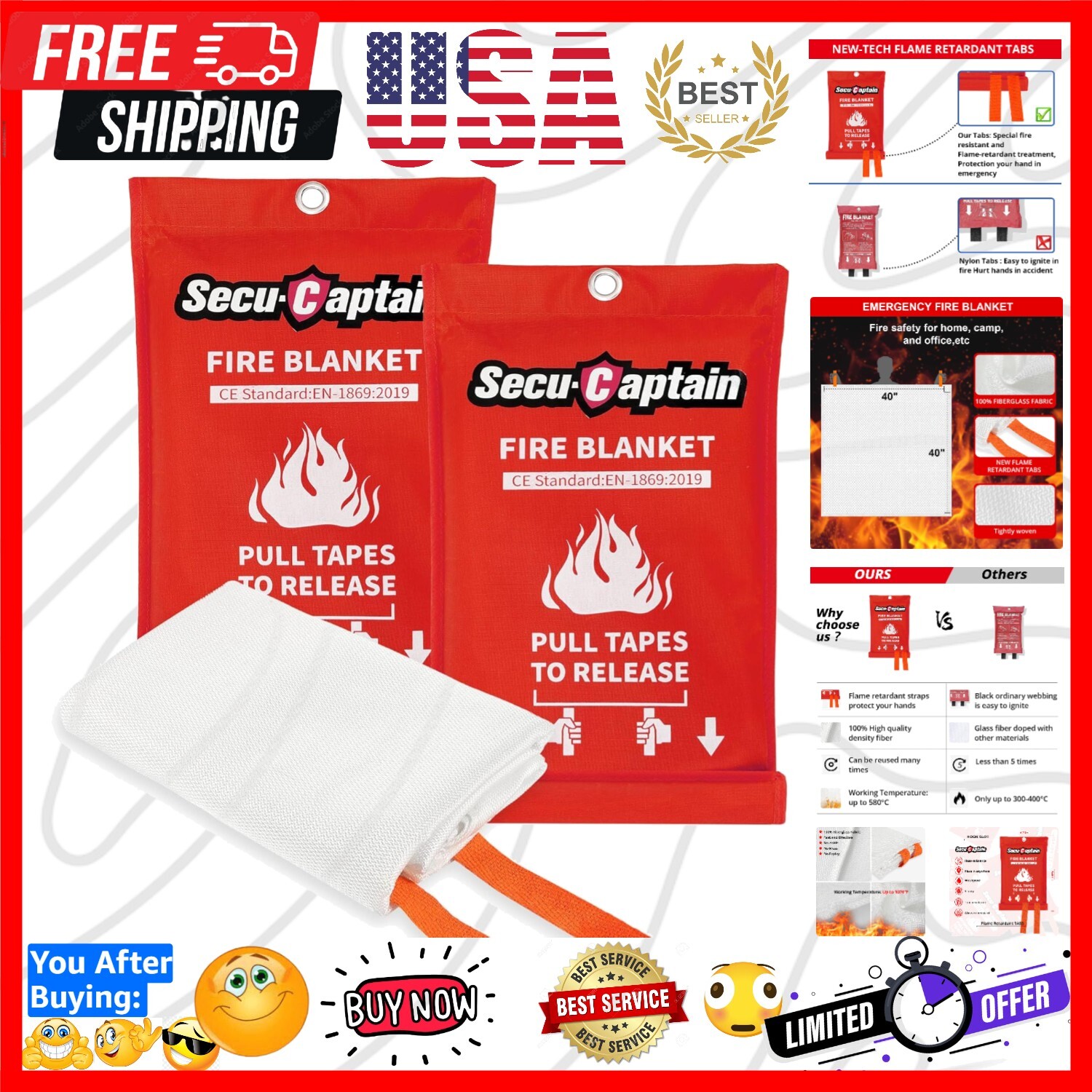 Essential Fire Blanket Set – 2 Pack 40″x40″ Flame Resistant for Peace of Mind