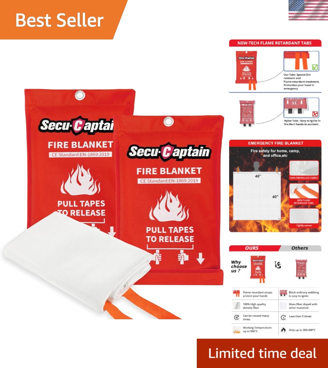 2 Pack Emergency Fire Blankets 40″x40″ – Lightweight & Flame Resistant Safety