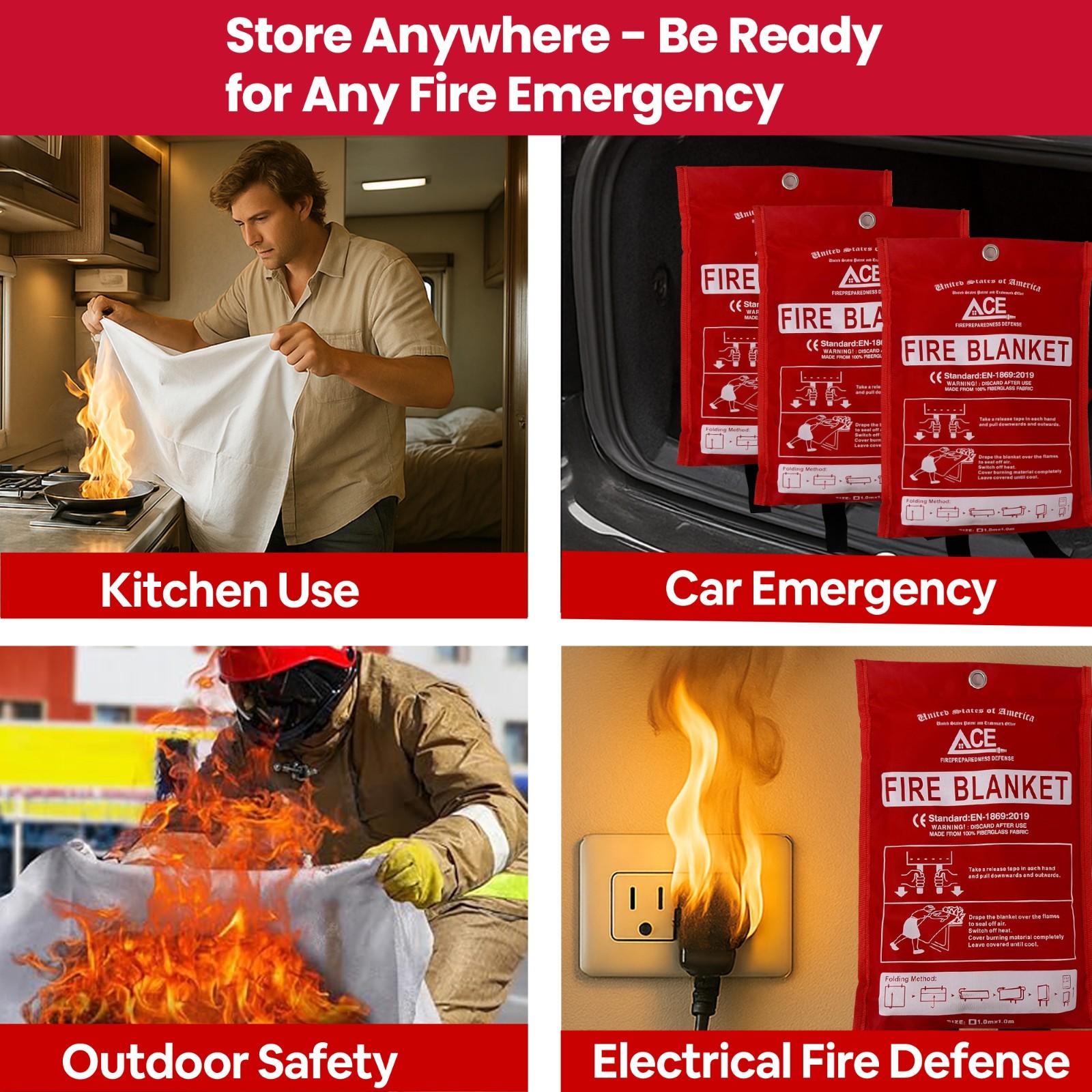 Fire Emergency Fire Blanket – 3-Pack – Fire Suppression Blanket for Kitchen