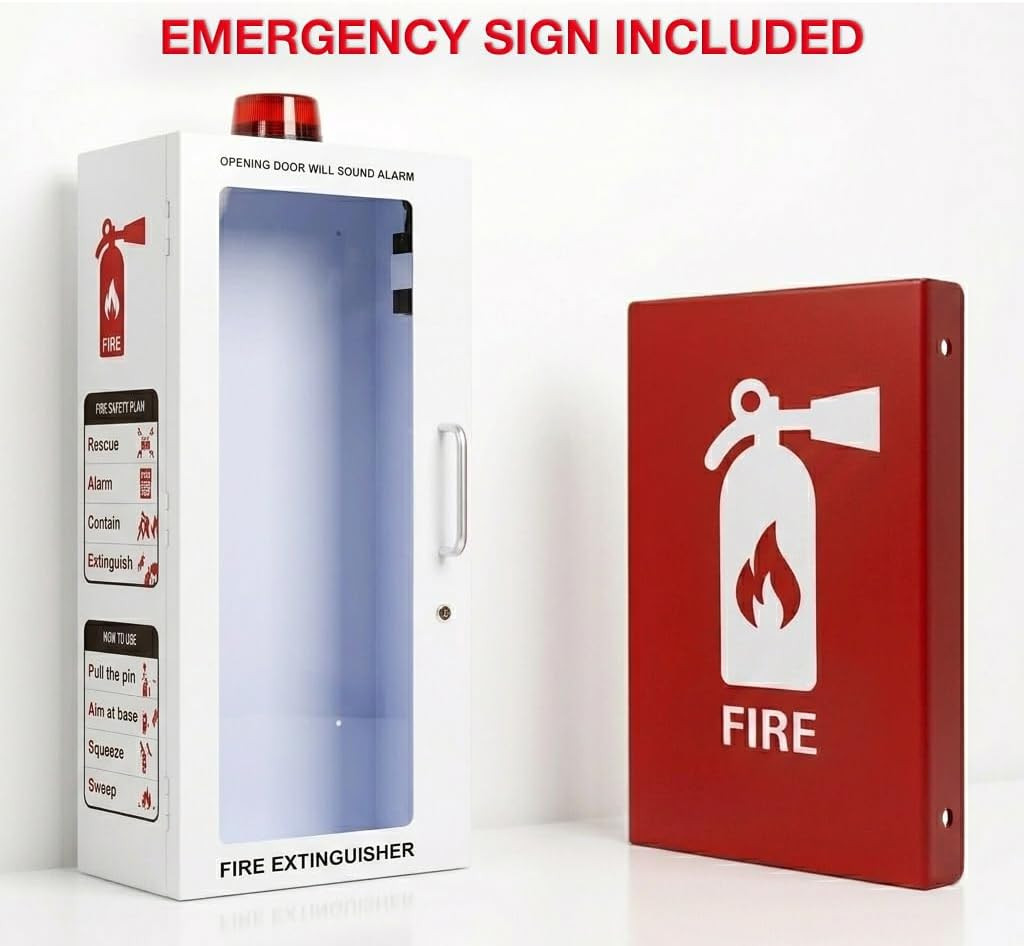 10 Lb Fire Extinguisher Cabinet with Alarm, Lock, & Breakable Acrylic Window | W