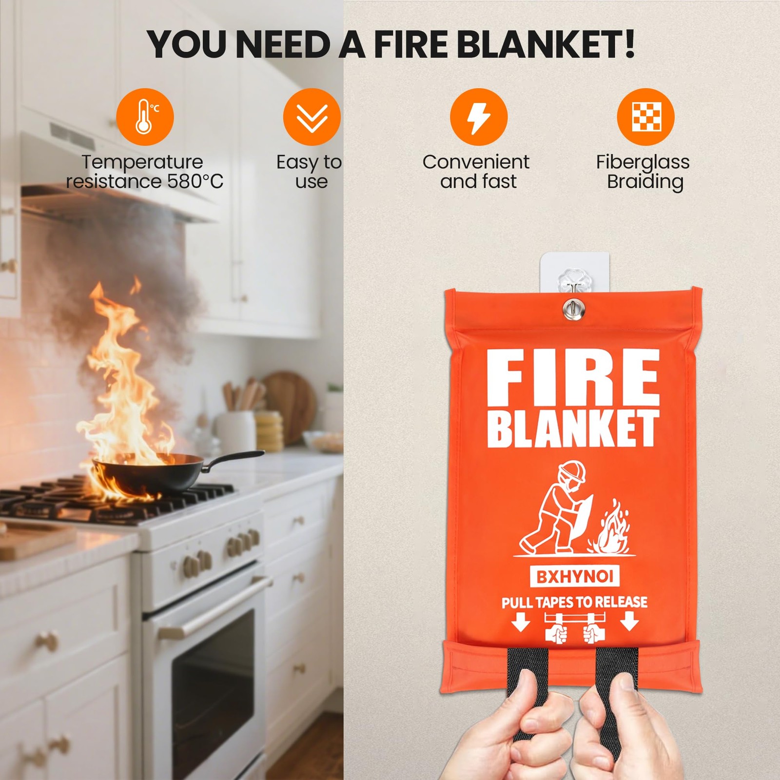 Fire Blanket 4 Pack 40″x40″, Essential Fire Safety Blanket for Kitchen Home G…
