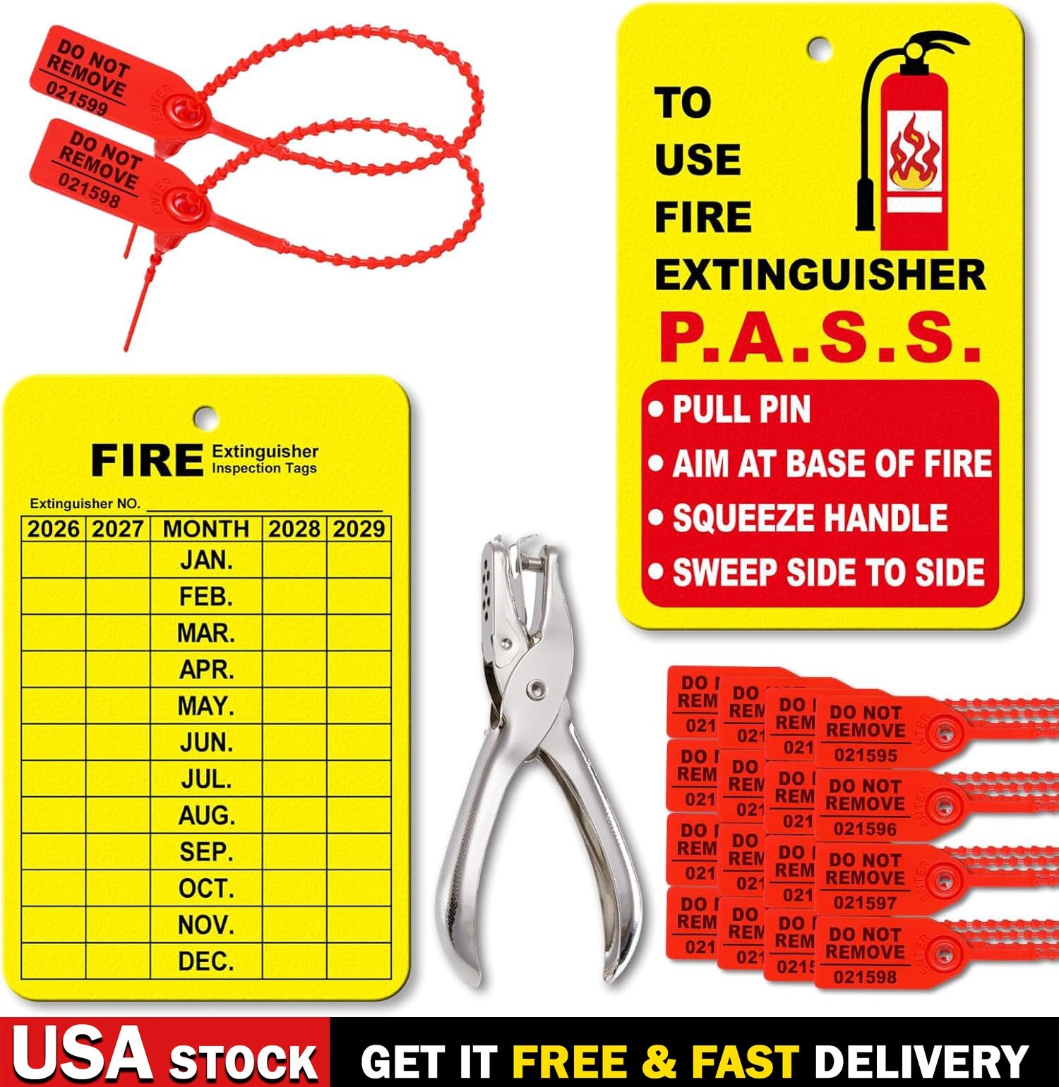 30 Set Fire Extinguisher Tags Monthly Inspection Plastic Ties Hole Puncher Red