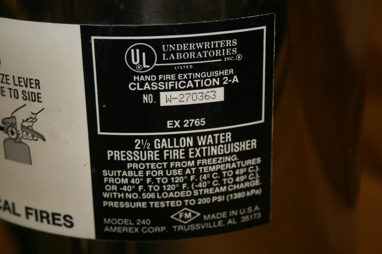 Amerex 2.5 Gallon WATER Refillable Fire Extinguisher Class 2-A Model 240
