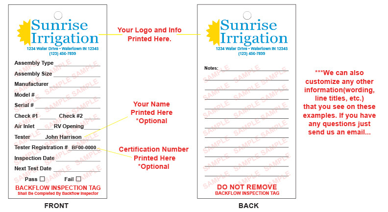 Backflow Inspection Tags – Custom Print – Waterproof – UV Resistant (Pkg of 100)