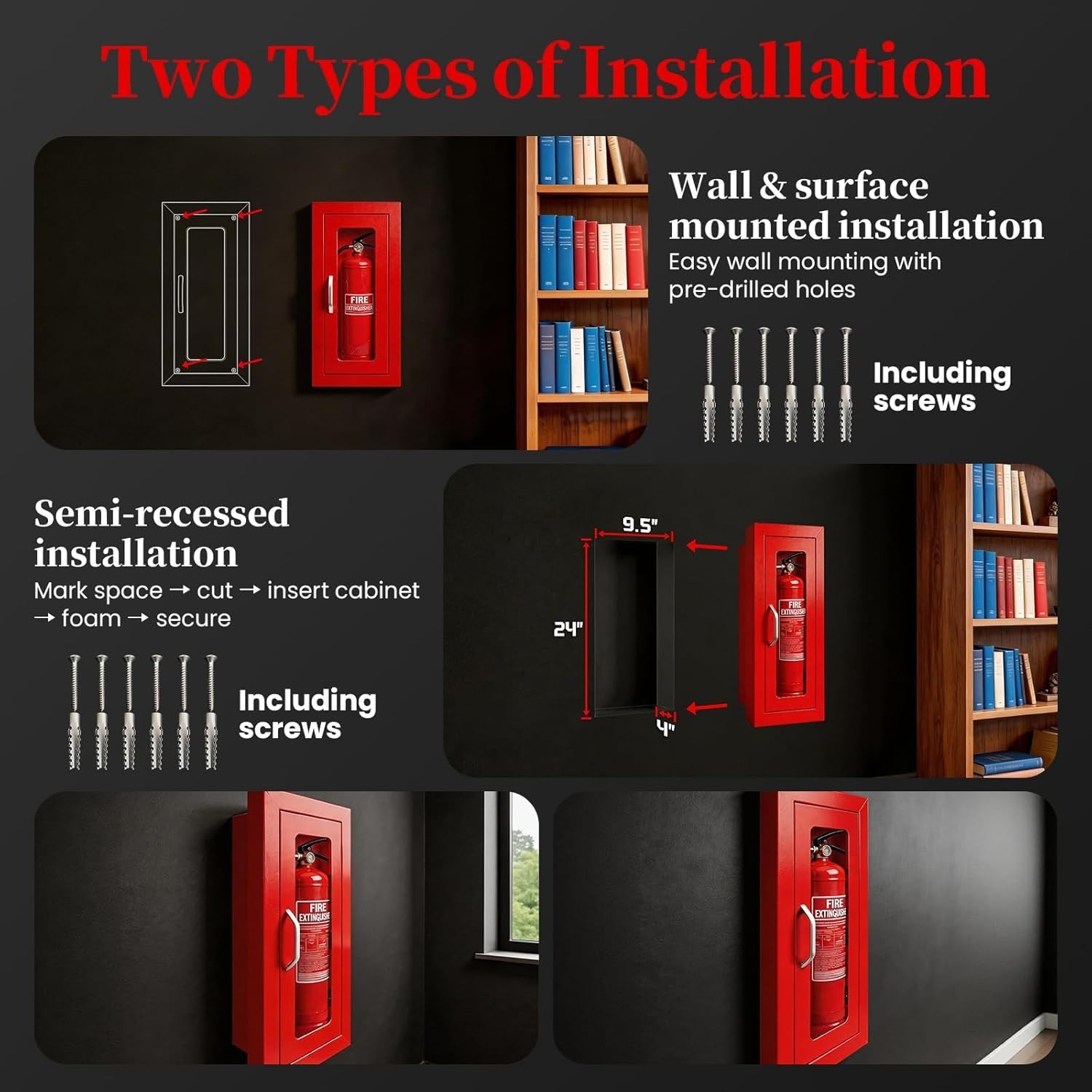 Fire Extinguisher Cabinet Steel Semi Recessed Magnetic Door Red 5-10lb