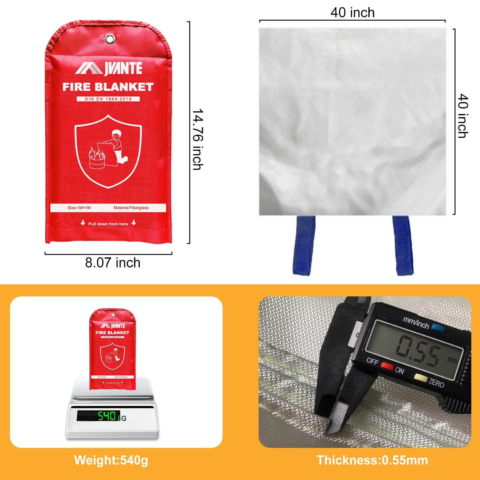 Jvante Emergency Fire Blanket-4 Pack for Home and Kitchen – 40″x40″ Fiberglas…