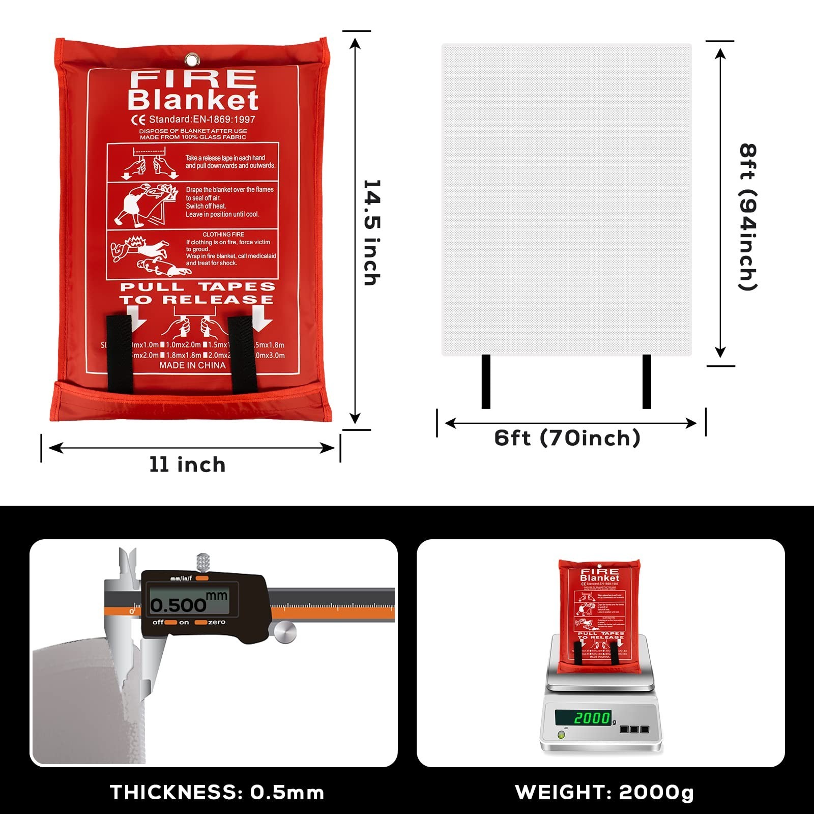 Large Fire Blanket 6ft x 8ft – Flame Retardant Emergency Heat Insulation for Hom