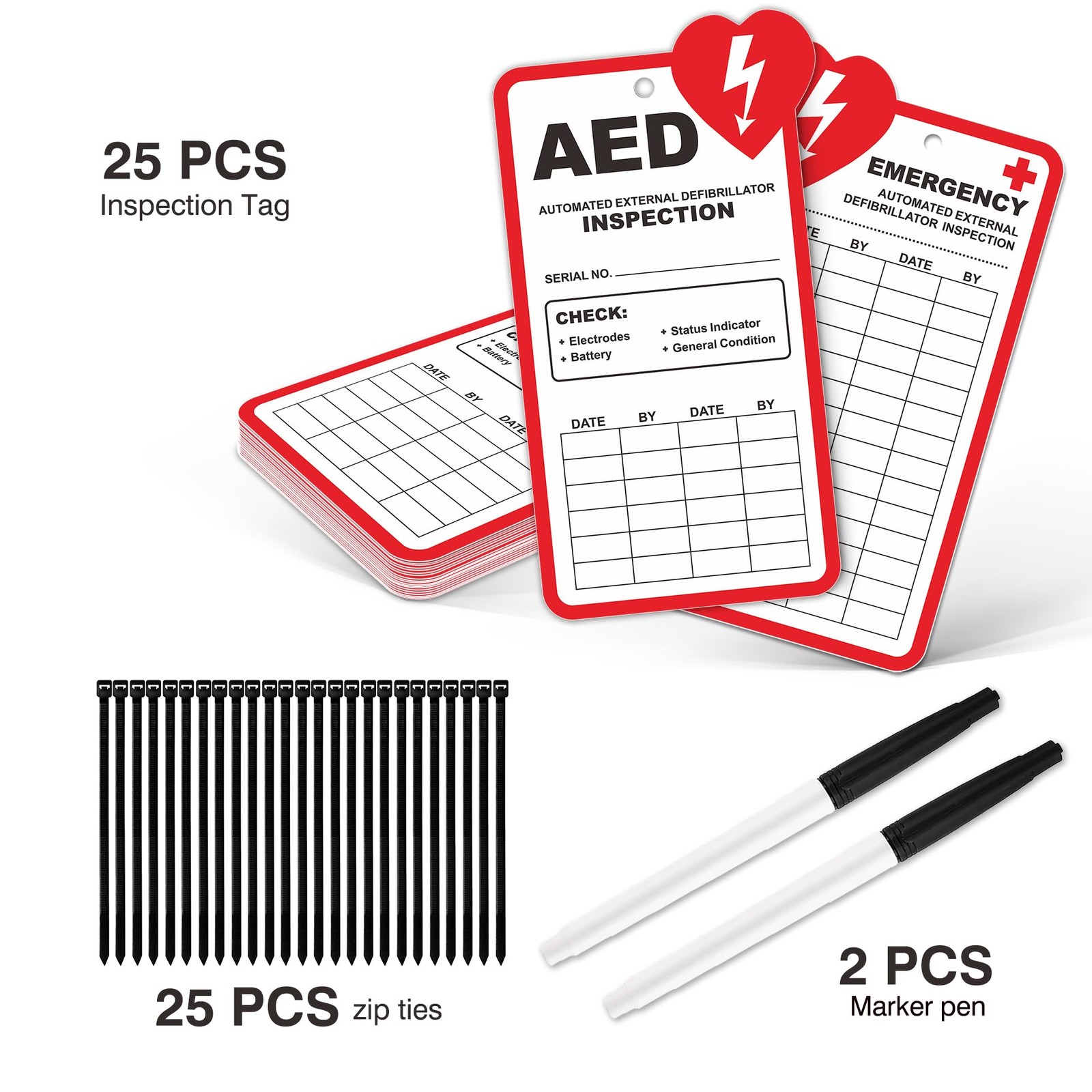 25 Pack Waterproof Plastic AED Inspection Tags Record Cards Zip Ties