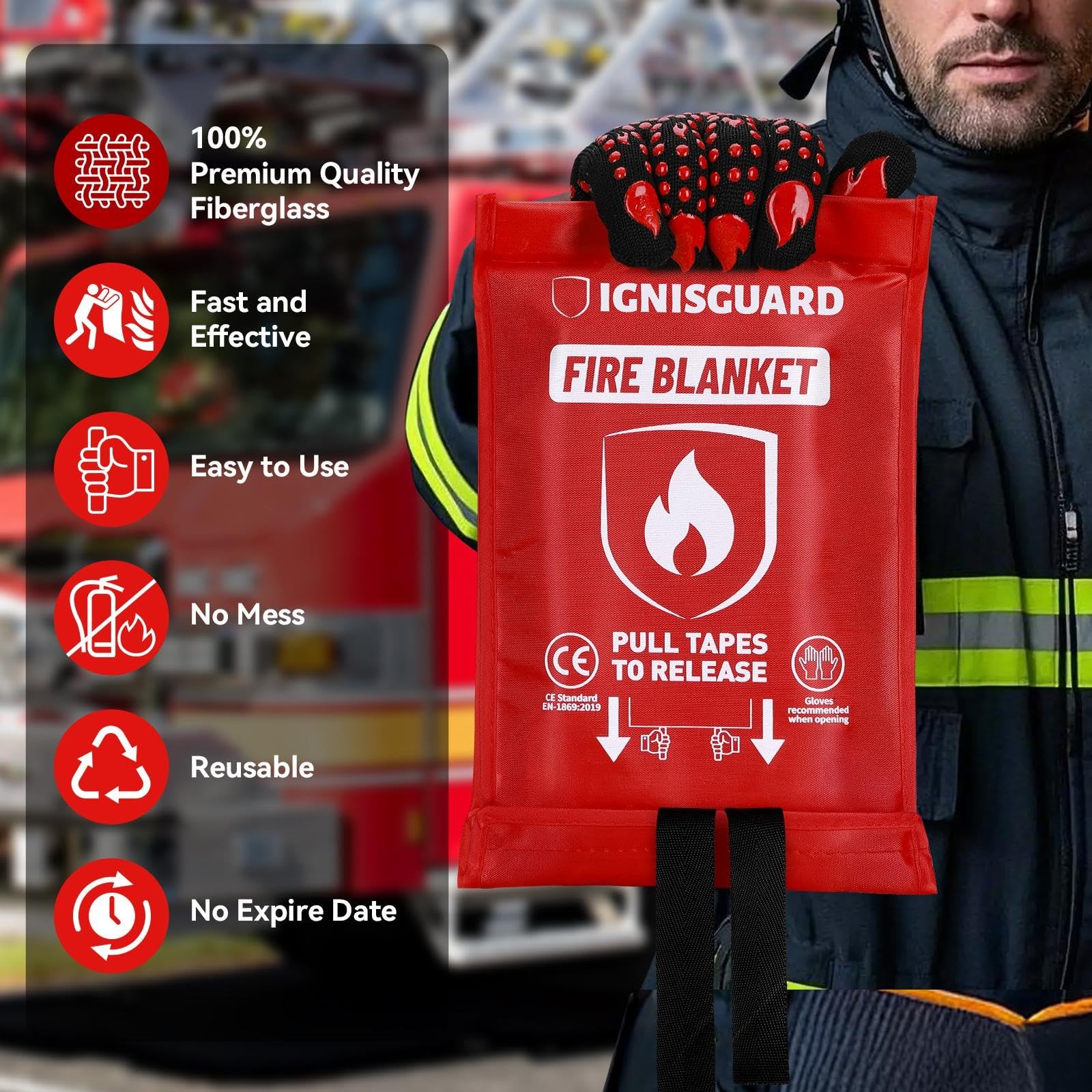 Fire Blankets 4 Pack, 40x40in with 1 Pair Fire Resistant Gloves & 4 Hooks, Fi…