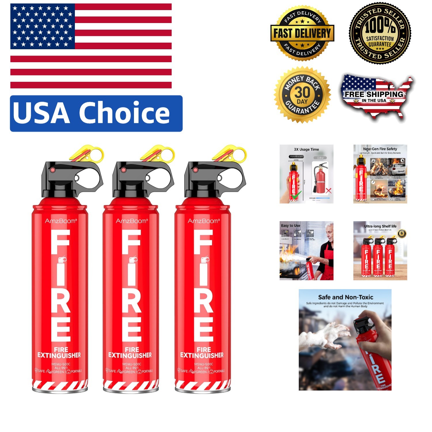 Water-Based Fire Extinguishers – Non-Toxic, Quick-Activate & Family Safe, 3 Pack