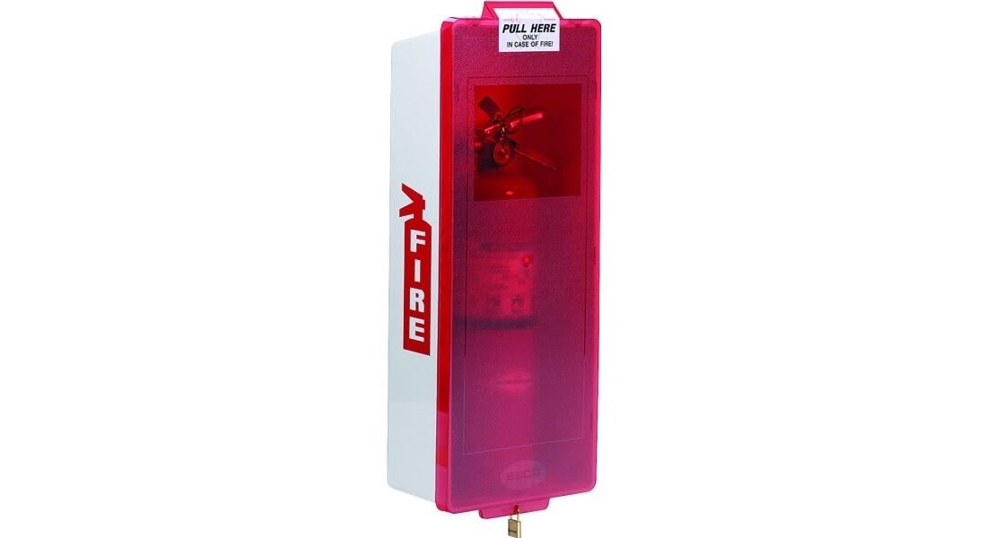 BROOKS’ MARK II JUNIOR SERIES WHITE FIRE EXTINGUISHER CABINET WITH RED COVER AND