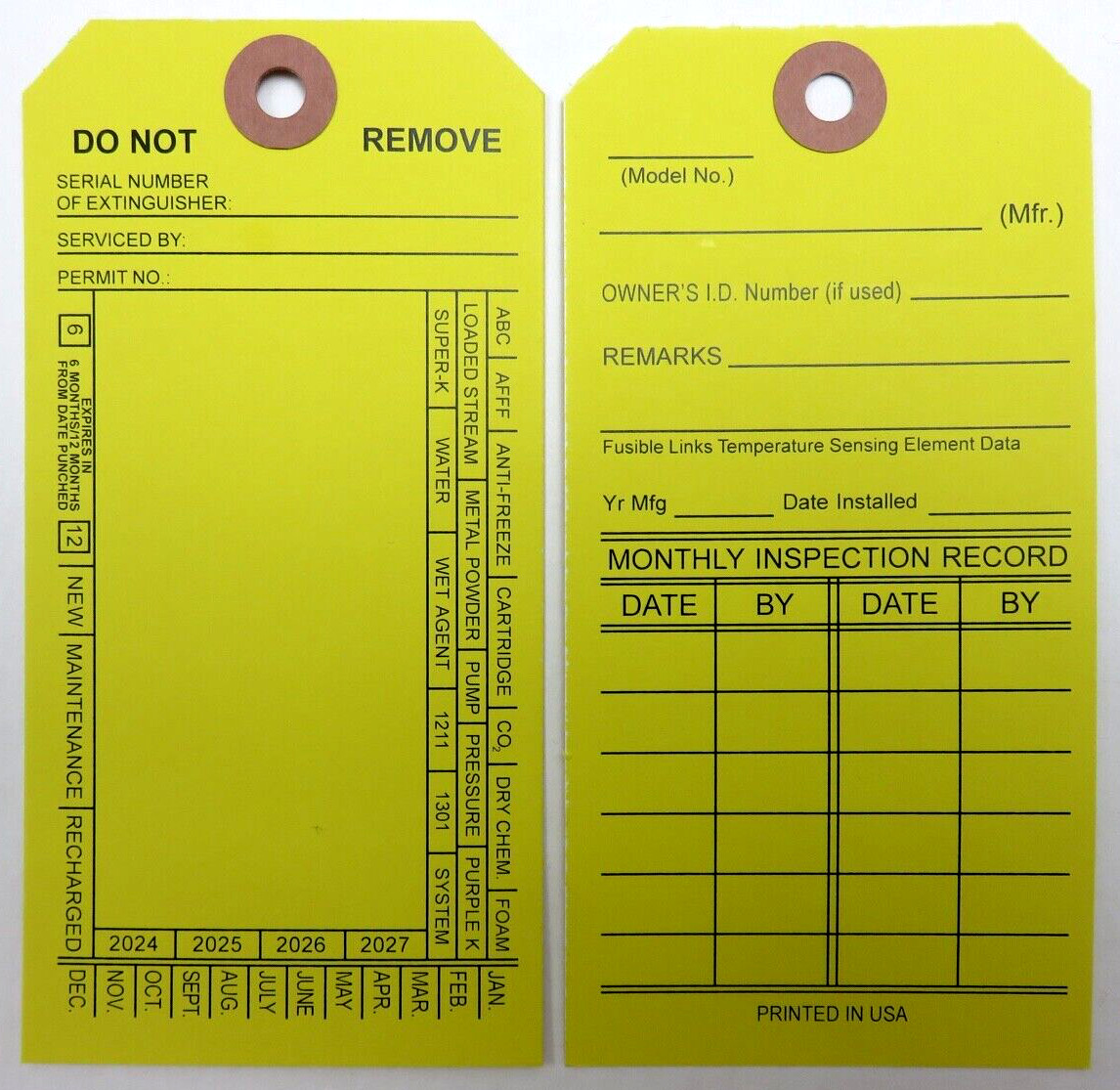 10-FIRE EXTINGUISHER 4-YEAR 2024-2027 INSPECTION Double Sided Tags 5 1/4″ X 2 ½”