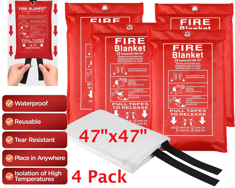 4 PACKS FIRE BLANKET Fiberglass Emergency Home Retardant Prepared 47”x47” AA