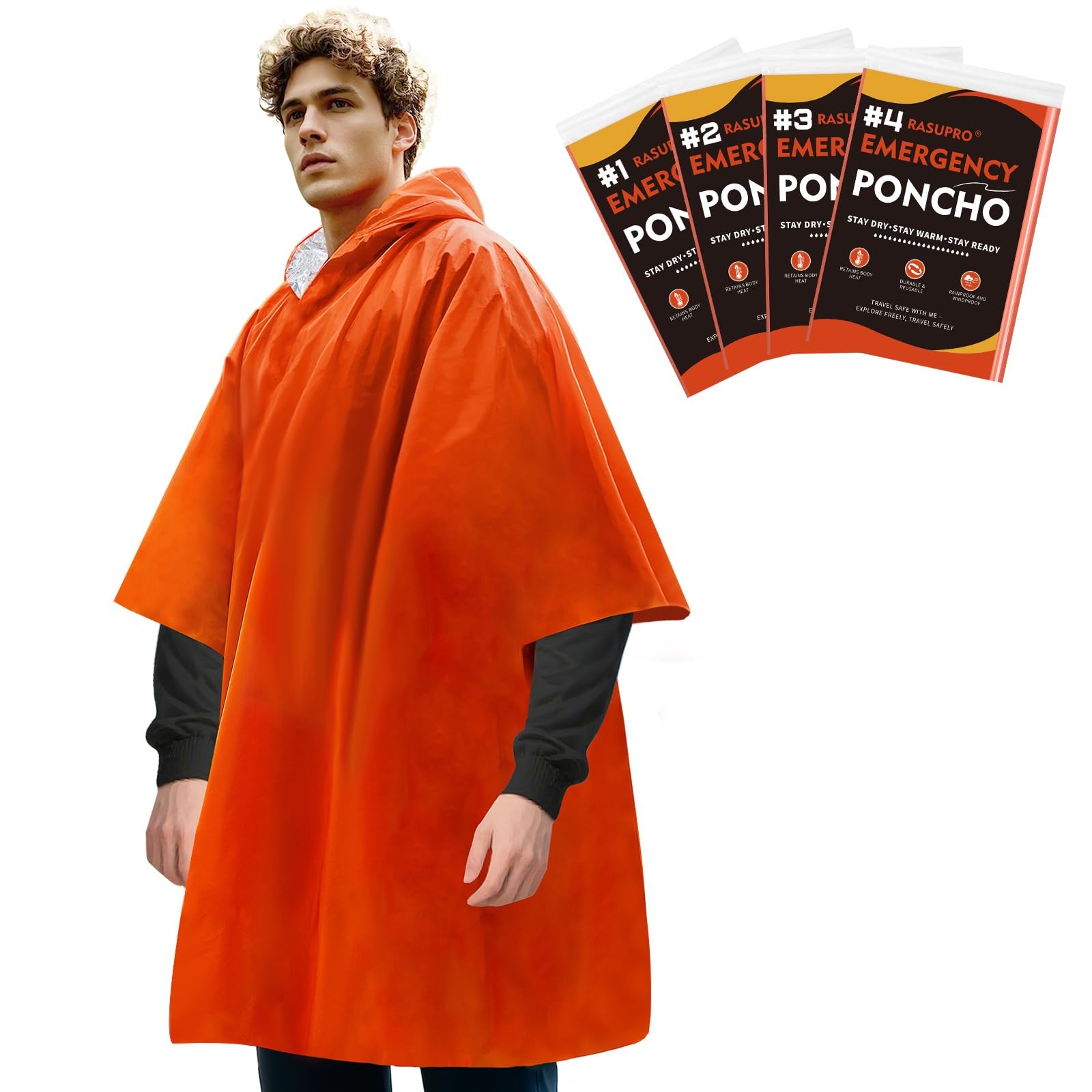 4 Pack Emergency Ponchos w/ Mylar Lining Waterproof Thermal Survival Orange Gear