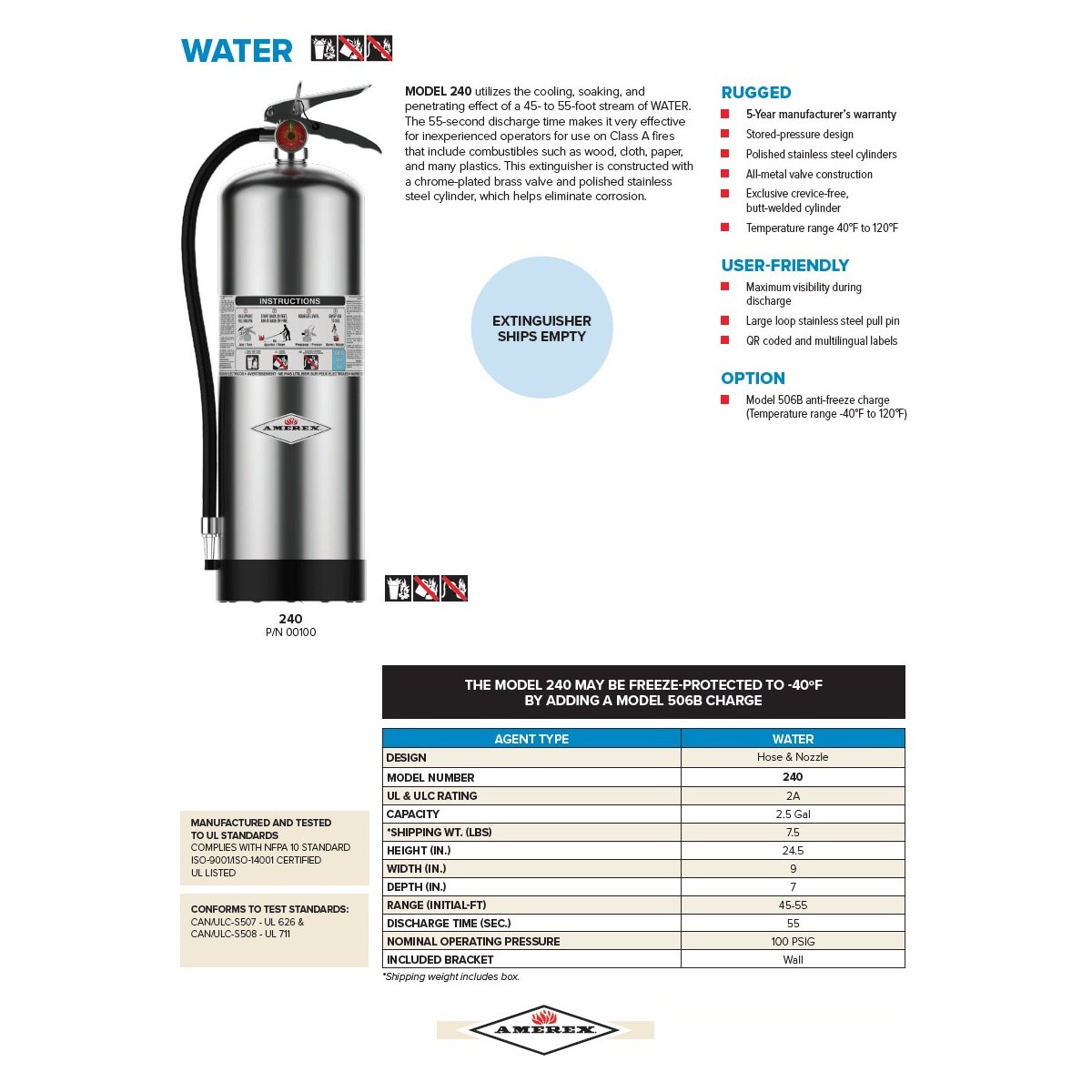 Amerex 240 2.5 Gallon Water Fire Extinguisher with Aluminum Valve & Wall Hanger