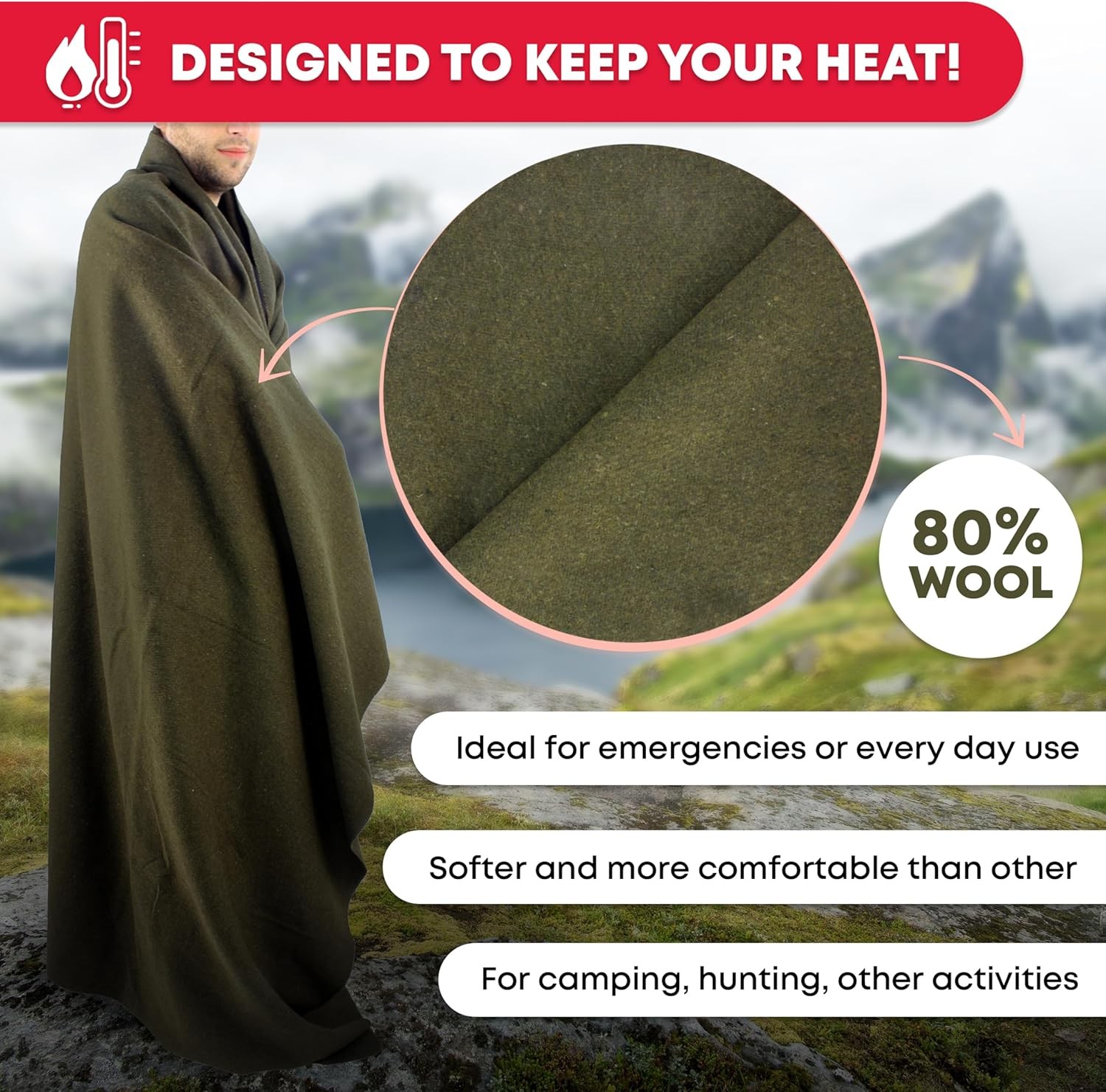 Large Heavyweight Olive Drab Wool Blanket, 66″ x 90″ for Camping & Emergencies