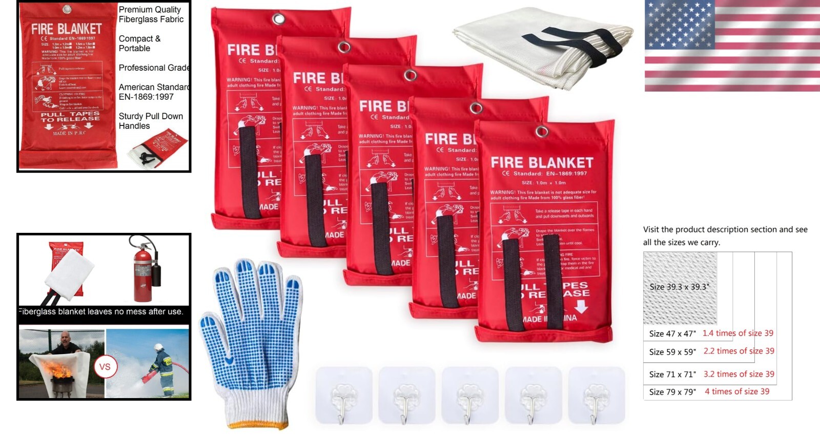Fiberglass Fire Blanket Emergency Kit – 5 Pack of Rescue Blankets for Safety
