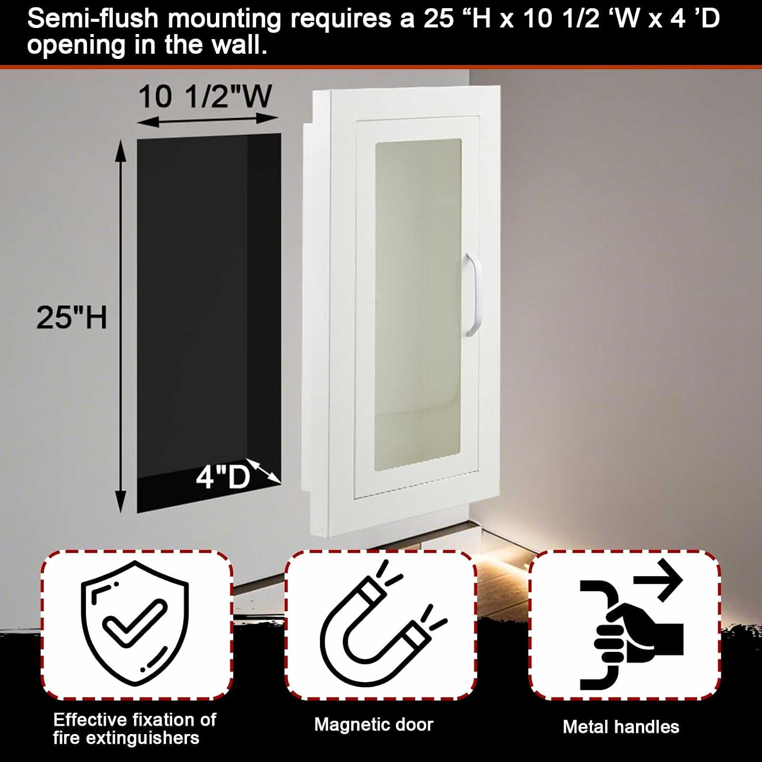 Semi-Recessed Fire Extinguisher Cabinet with Magnetic Door, White Steel Box