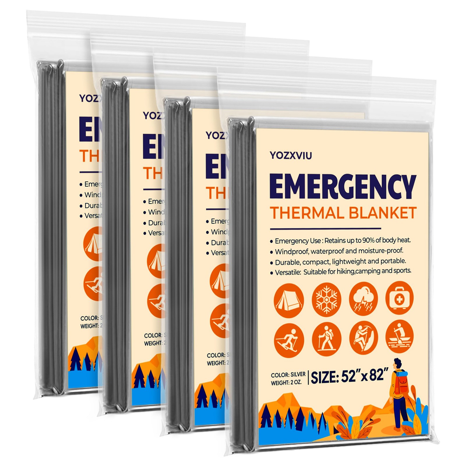 Emergency Blanket, Mylar Thermal Space Blanket for Survival Gear, 4 Pack, 82 …