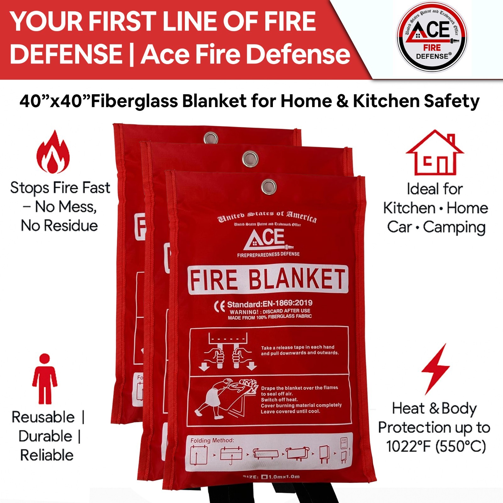 Fire Emergency Fire Blanket – 3-Pack – Fire Suppression Blanket for Kitchen