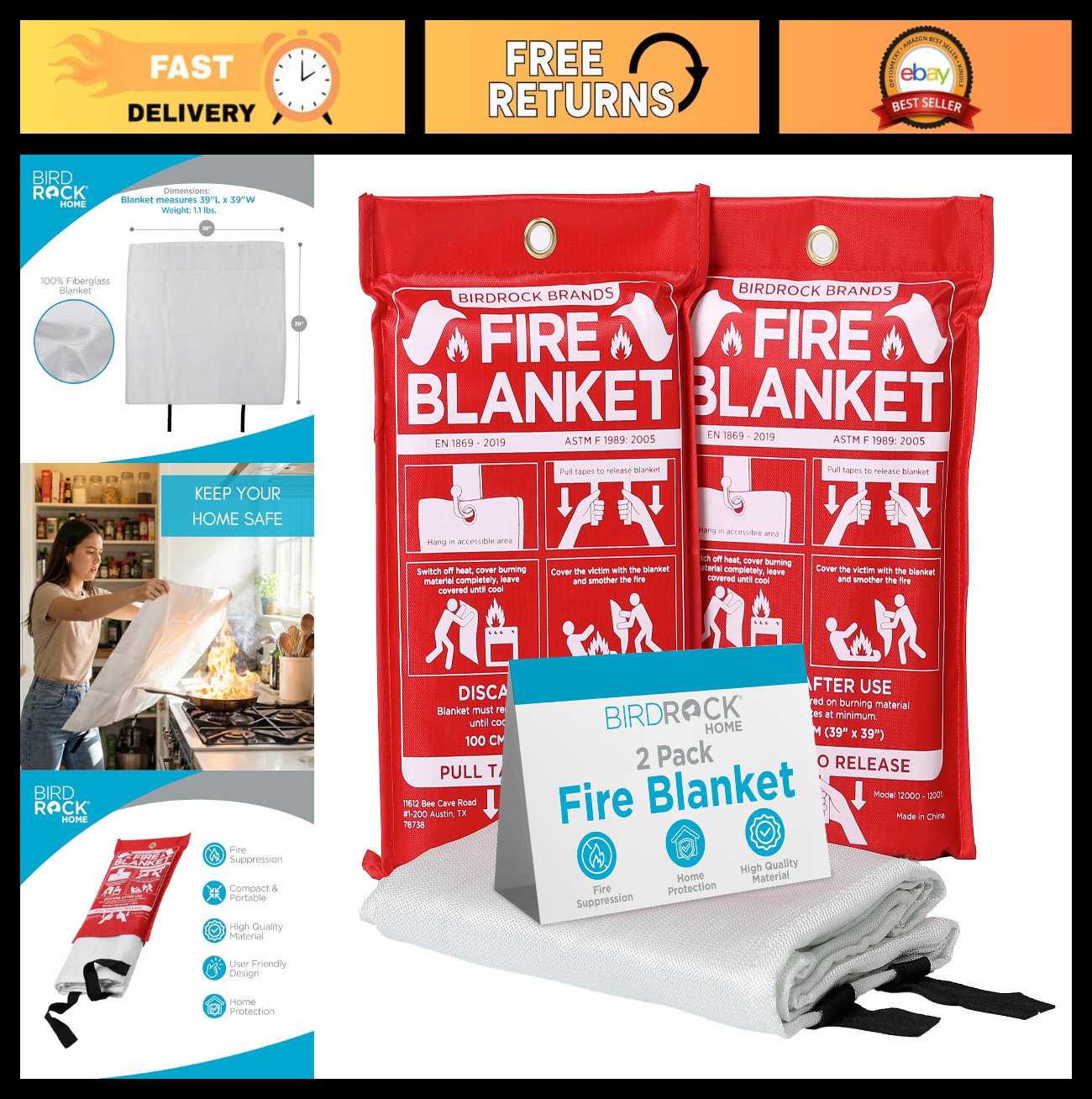 Fire Blanket for Home & Kitchen | Emergency Fire Suppression | CE Approved | 2 P