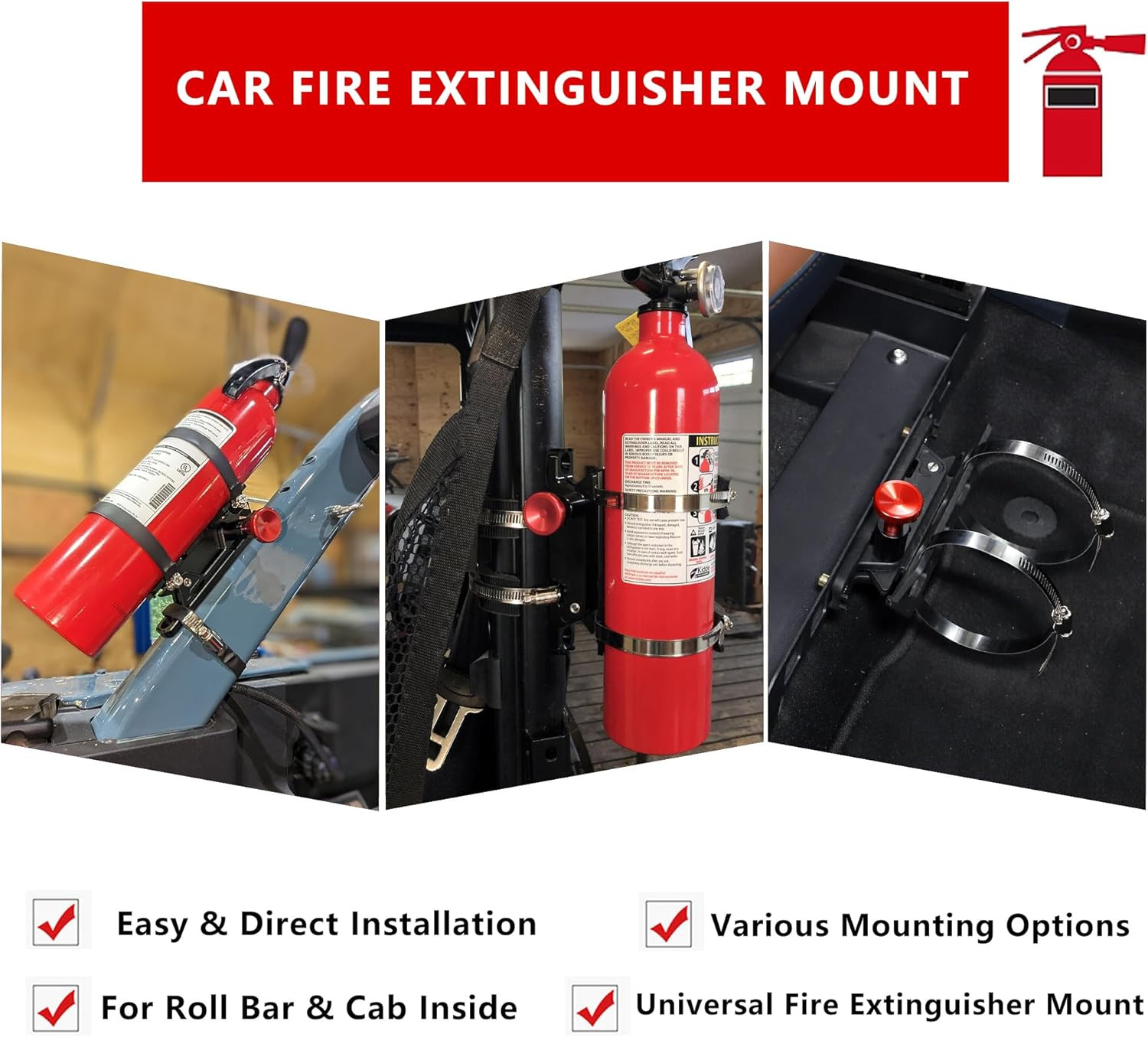 Quick Release Fire Extinguisher Mount – Aluminum Adjustable UTV Roll Bar Fire Ex