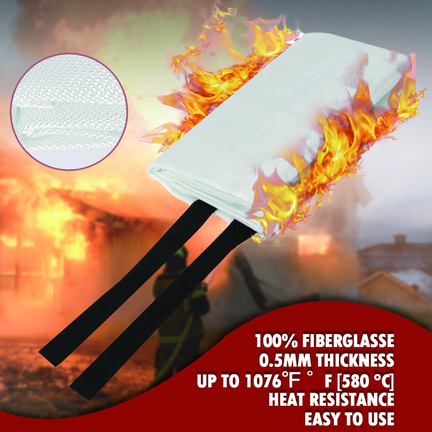 Fire Blanket 40×40 inches Fiberglass w/Gloves Hooks Whistle – Fireproof Safet…