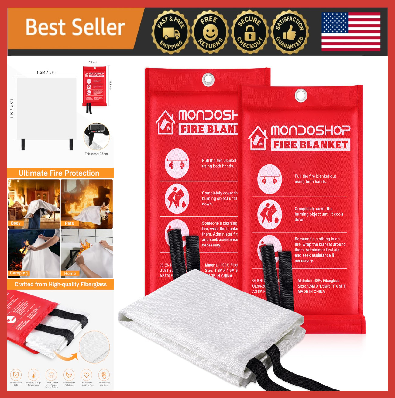Fire Blanket Emergency 2 Pack 60″x60″ Home Kitchen Camping Car Office Safety