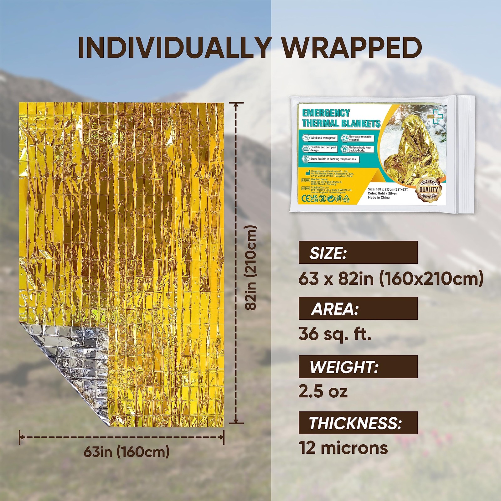 Emergency Gold Foil Blankets 12-Pack for Survival, Hiking, First Aid, Outdoors