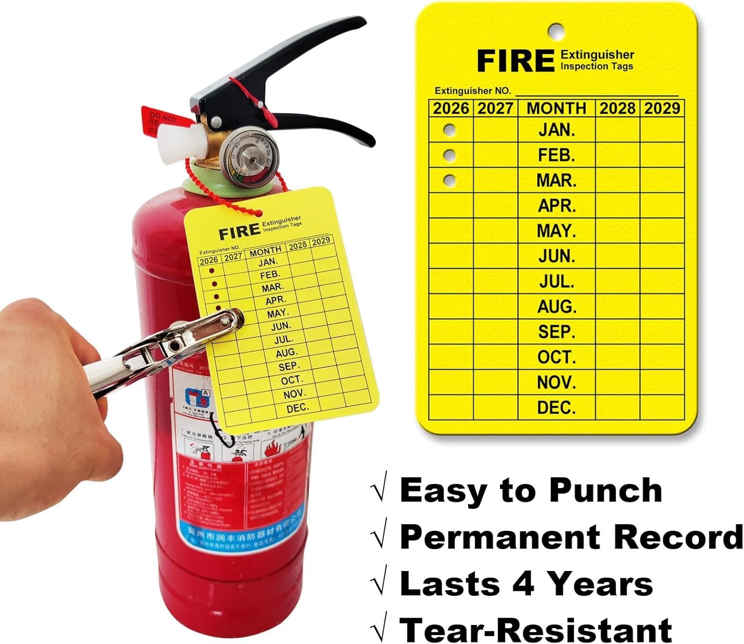 30 Set Fire Extinguisher Tags Monthly Inspection Plastic Ties Hole Puncher Red