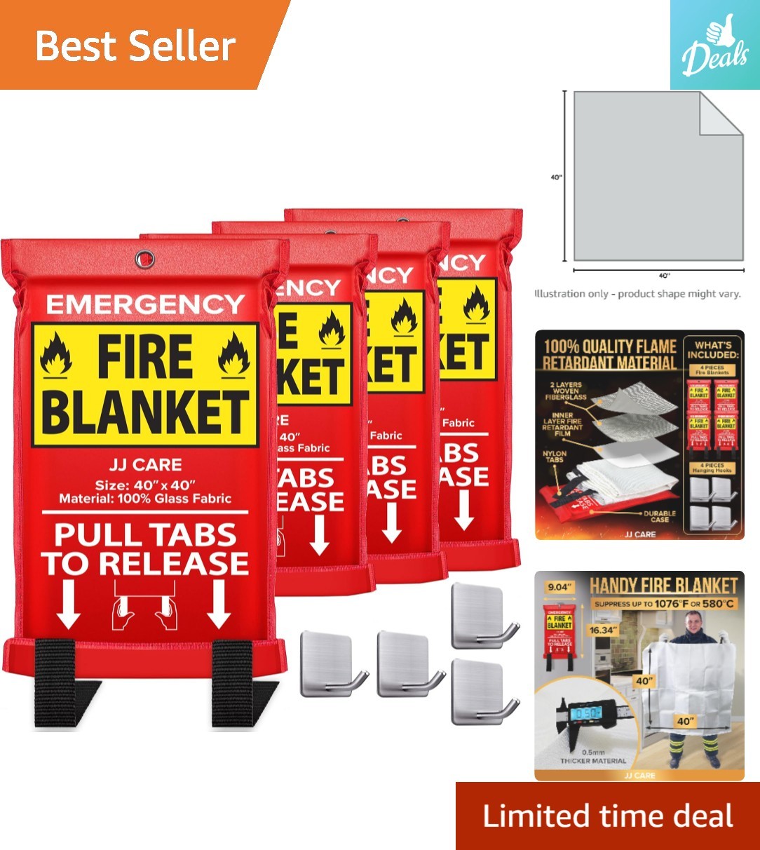 4-Pack Emergency Fire Blanket 40″x40″ with Hooks – Ideal Home & Kitchen Safety