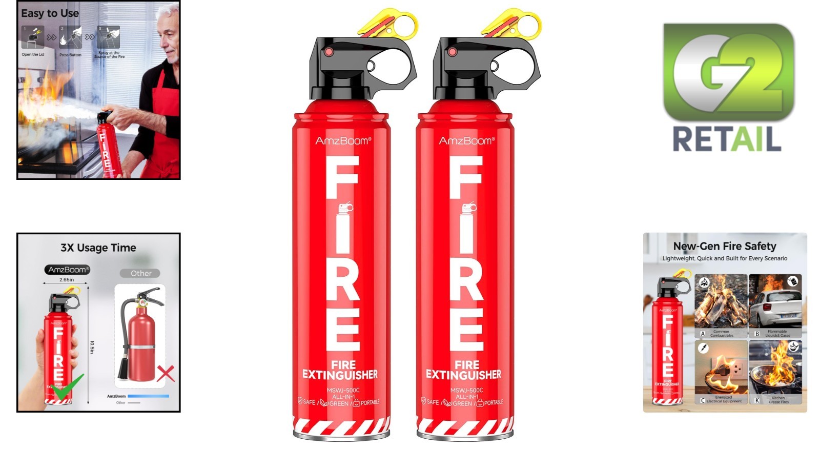 AmzBoom 2-Pack Fire Extinguisher for Home, Kitchen, Car, and Grill with Mount