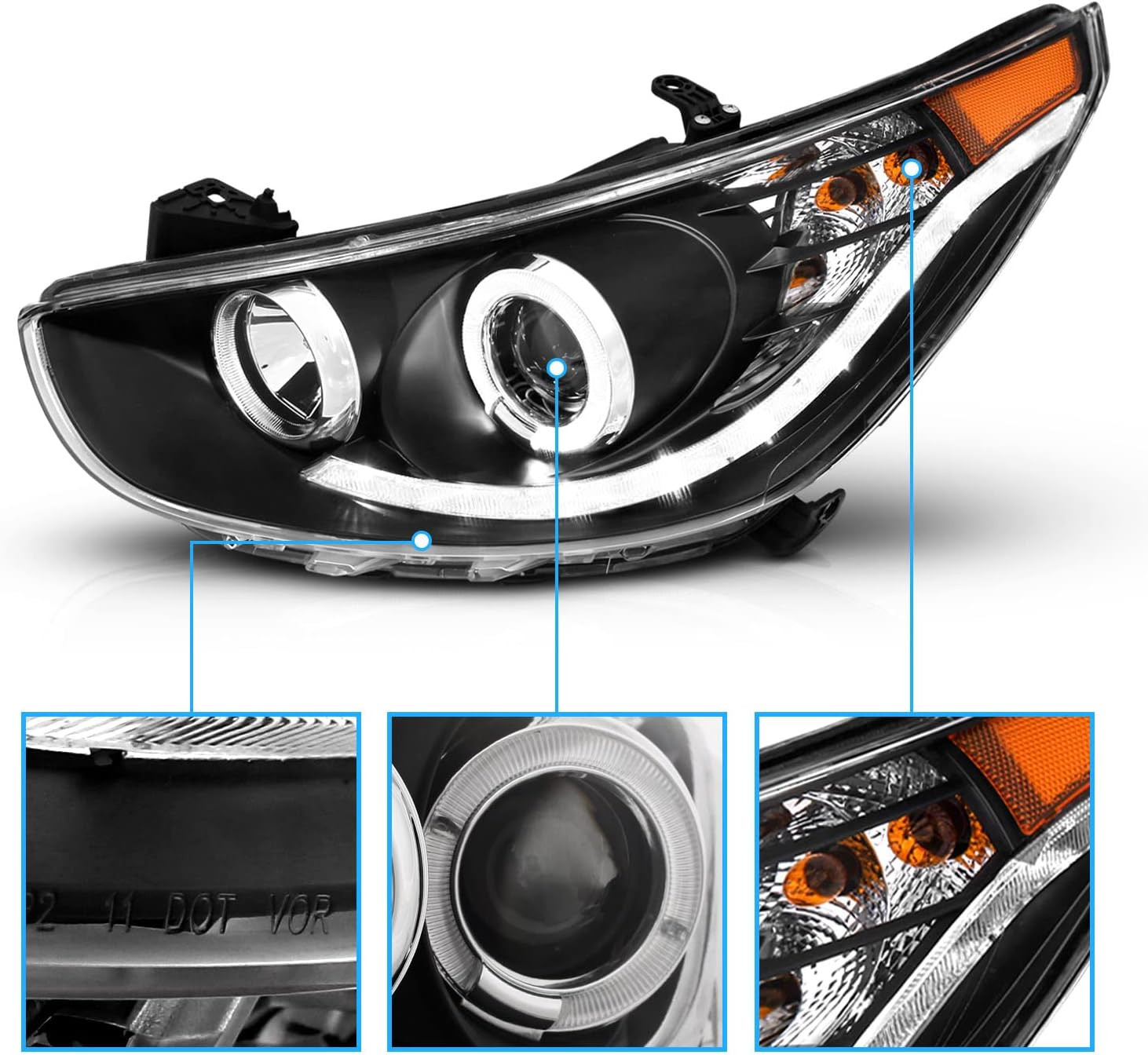 Black Projector Replacement Headlights LED Bar Halo Set for Hyundai Accent 4 Doo