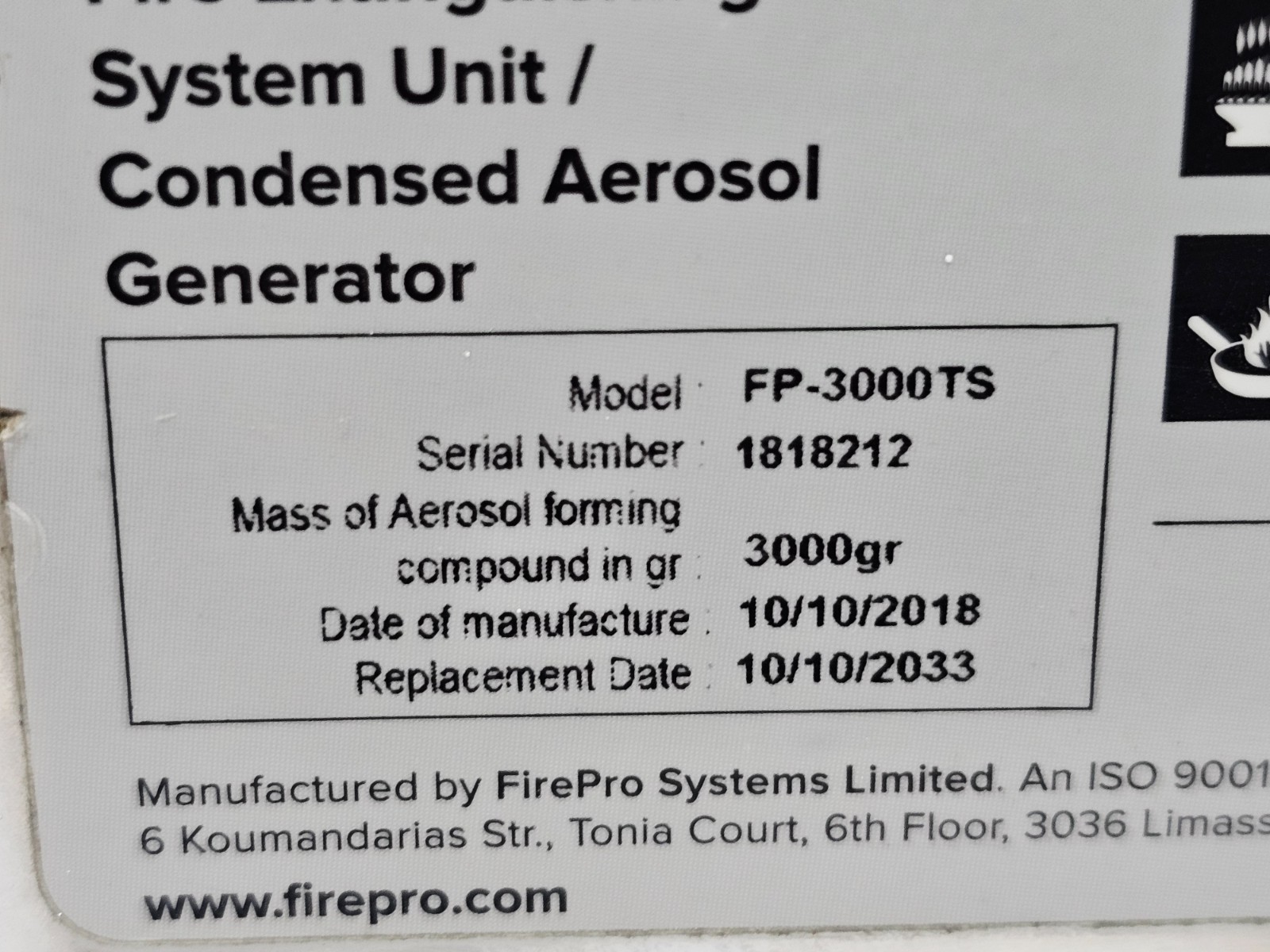FirePro FP-3000TS Condensed Aerosol Fire Extinguishing Generator Stainless Steel