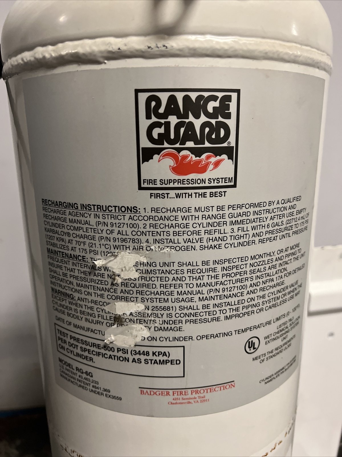 Badger Fire Protection Range Guard Wet Chemical Cylinder Model RG-6G. Used