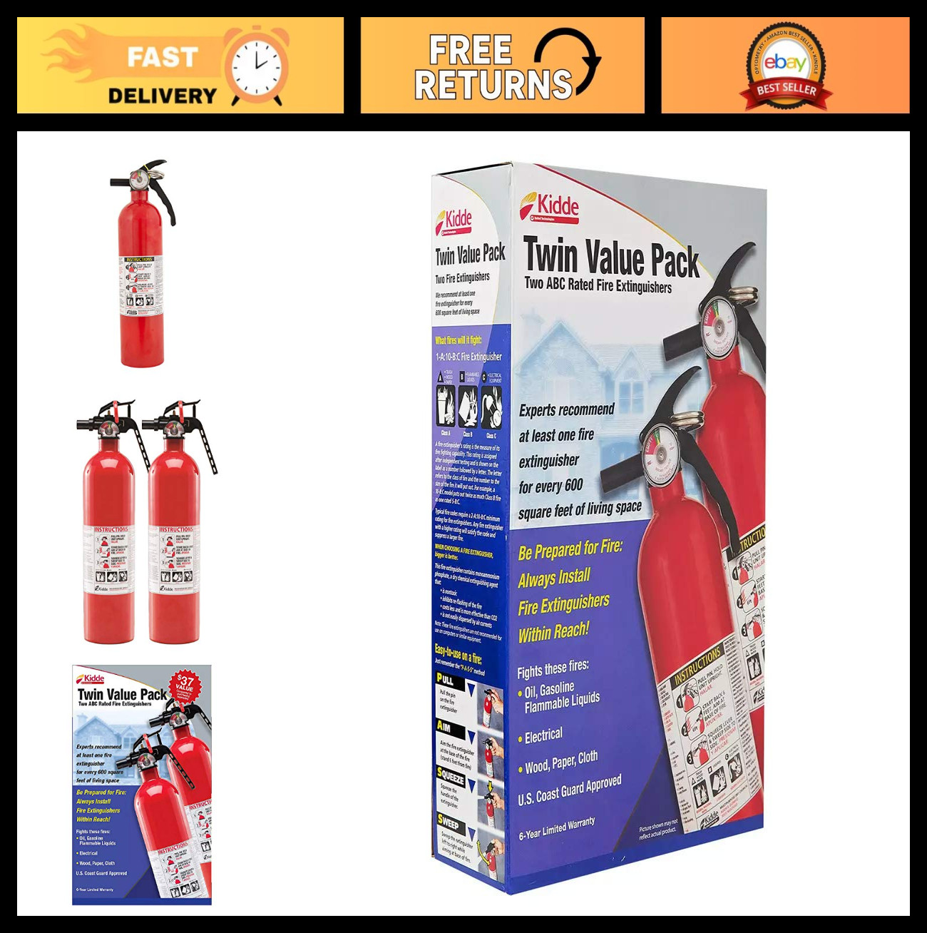Multipurpose Fire Extinguishers 2 Pack – Home & Auto Safety, Red, Easy Use