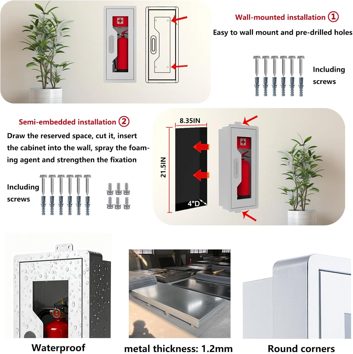 Rounded Corner Semi Recessed Steel Fire Extinguisher Cabinet White 1PC | for 2.5