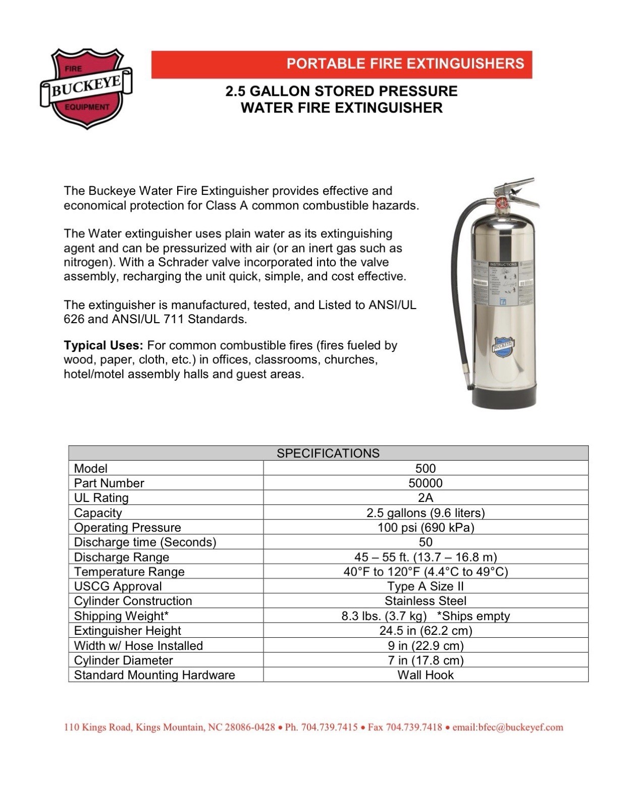 Buckeye Stainless Steel Pressurized Water Fire Extinguisher 2.5 Gallon – NIB