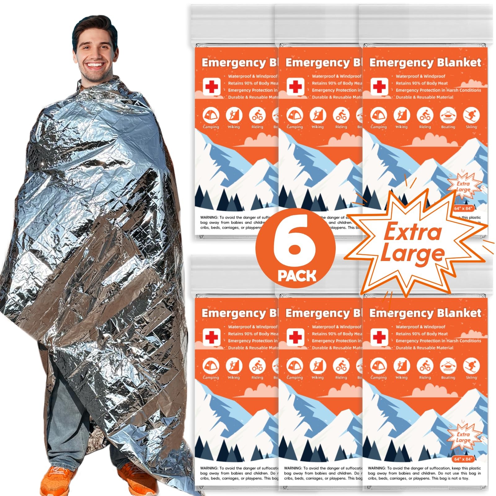 6 Pack Emergency Thermal Blanket Survival, 84” x 64” Extra Large Mylar Blanke…