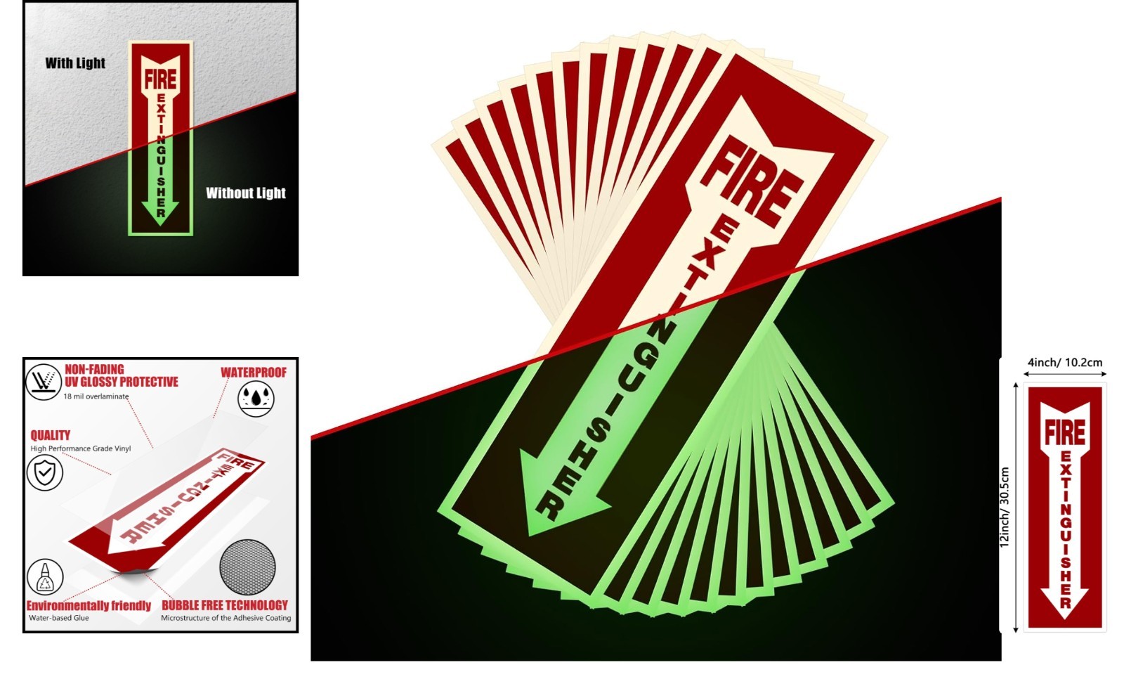 12 Pack Fire Extinguisher Signs Glow in Dark Waterproof Stickers for Home Office
