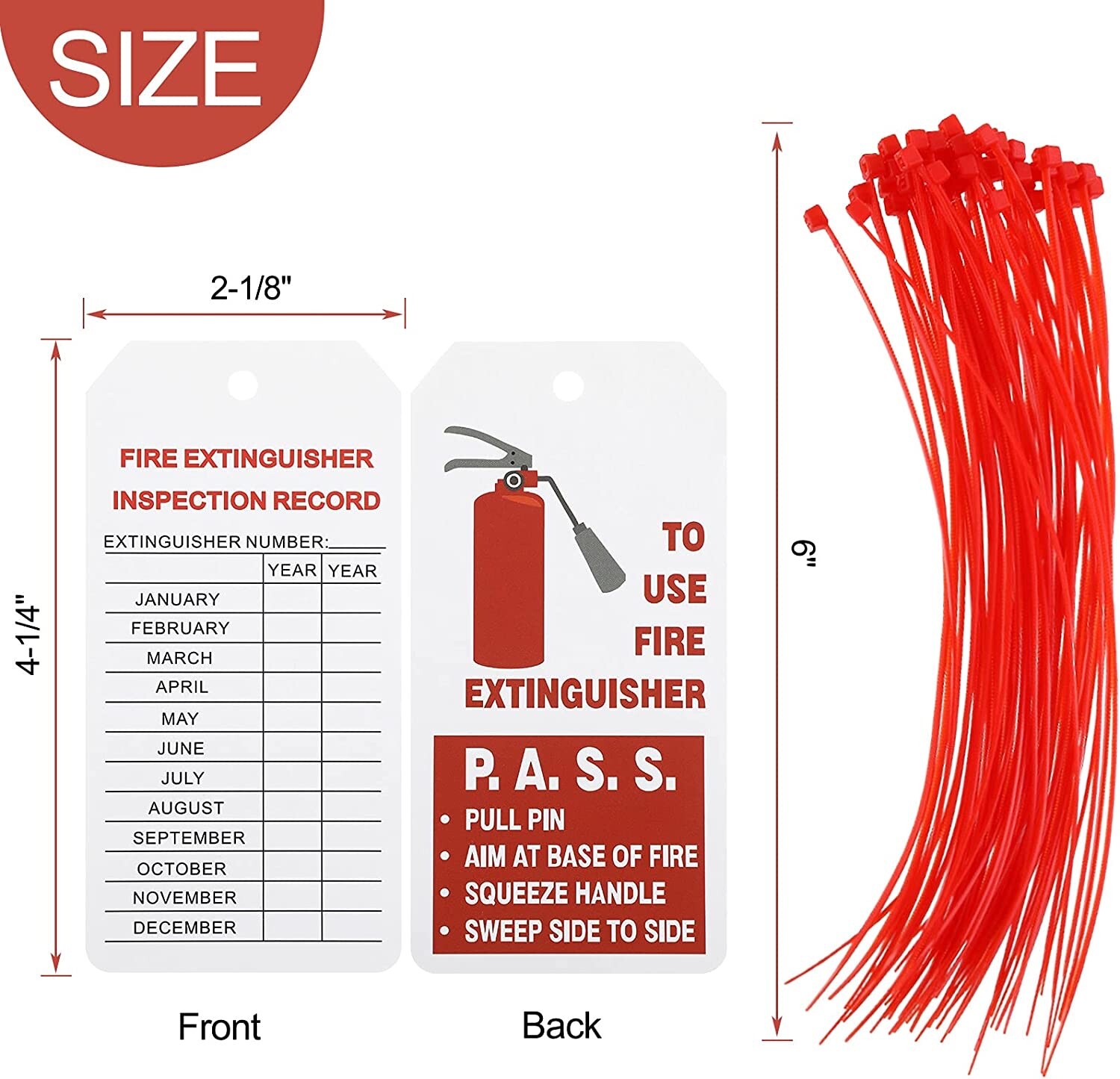 🔥🧯10-4″x 2″ Fire Extinguisher Inspection Tags H.D.-Double Sided W/ZIP-TIES
