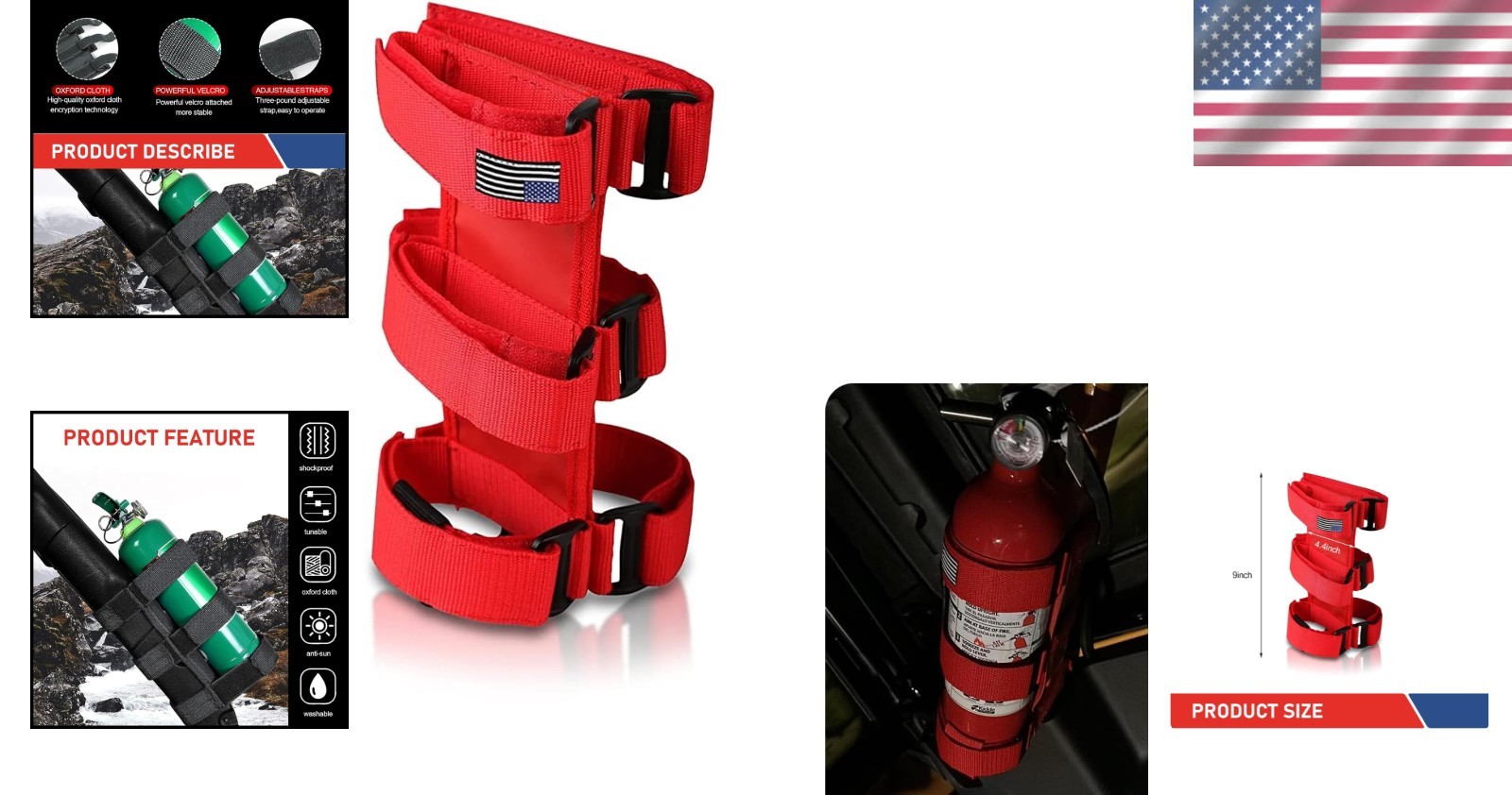 Adjustable Jeep Fire Extinguisher Holder with American Flag Design – Fits 196…