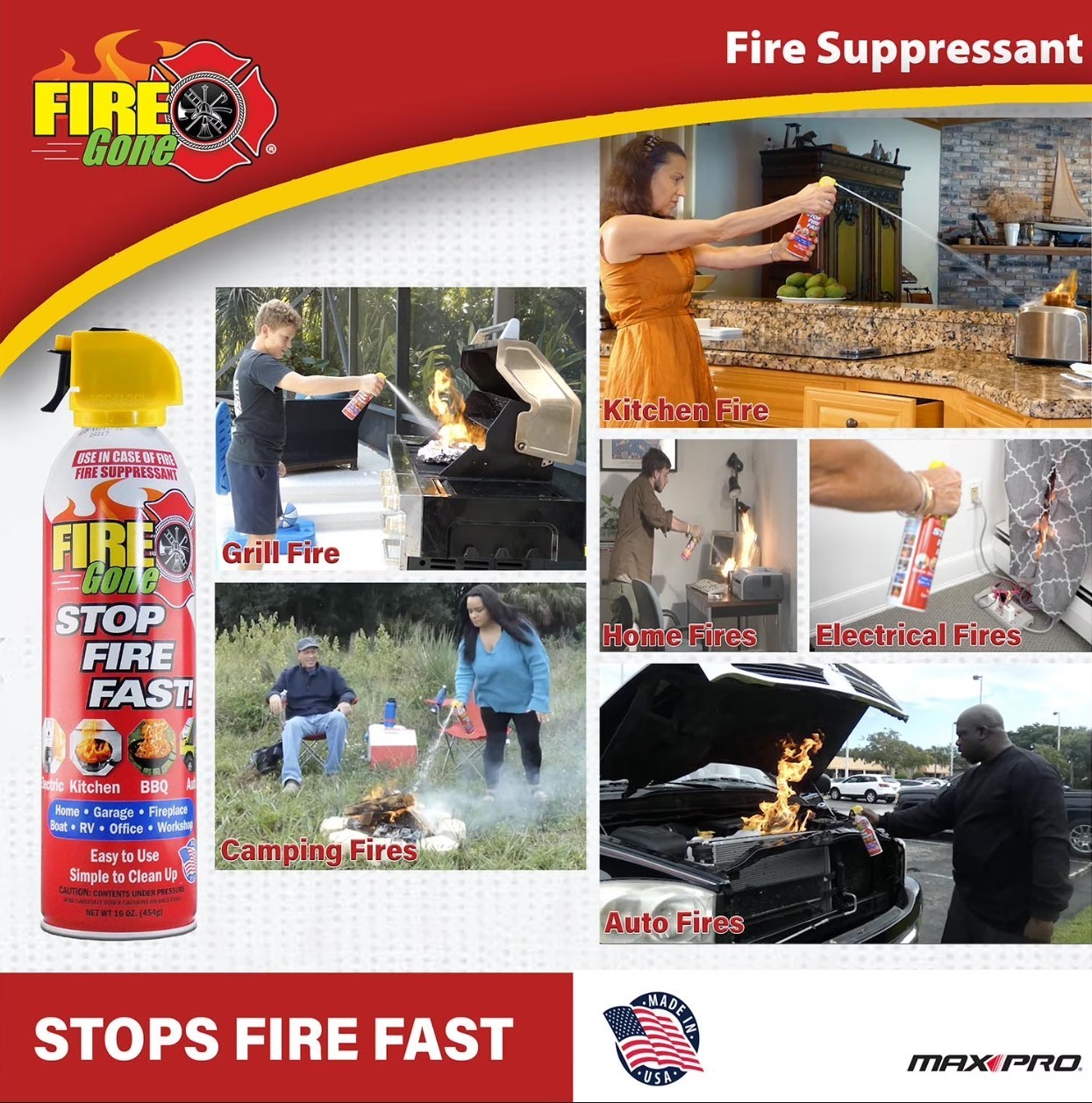 (4 pack) Fire Gone 16 oz Fire Extinguishing Spray – Aerosol Can -FFF-Foaming Age
