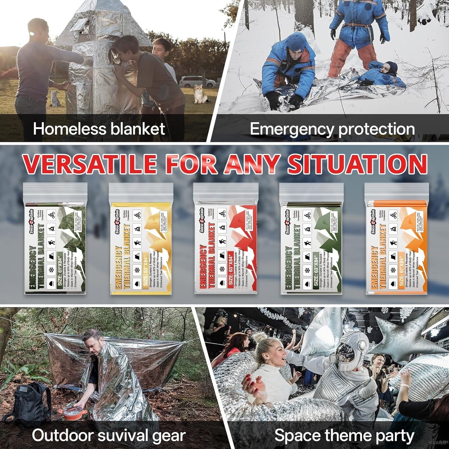 SecuCaptain Survival Emergency Thermal Blankets Extra Large 84” x63” Space My…