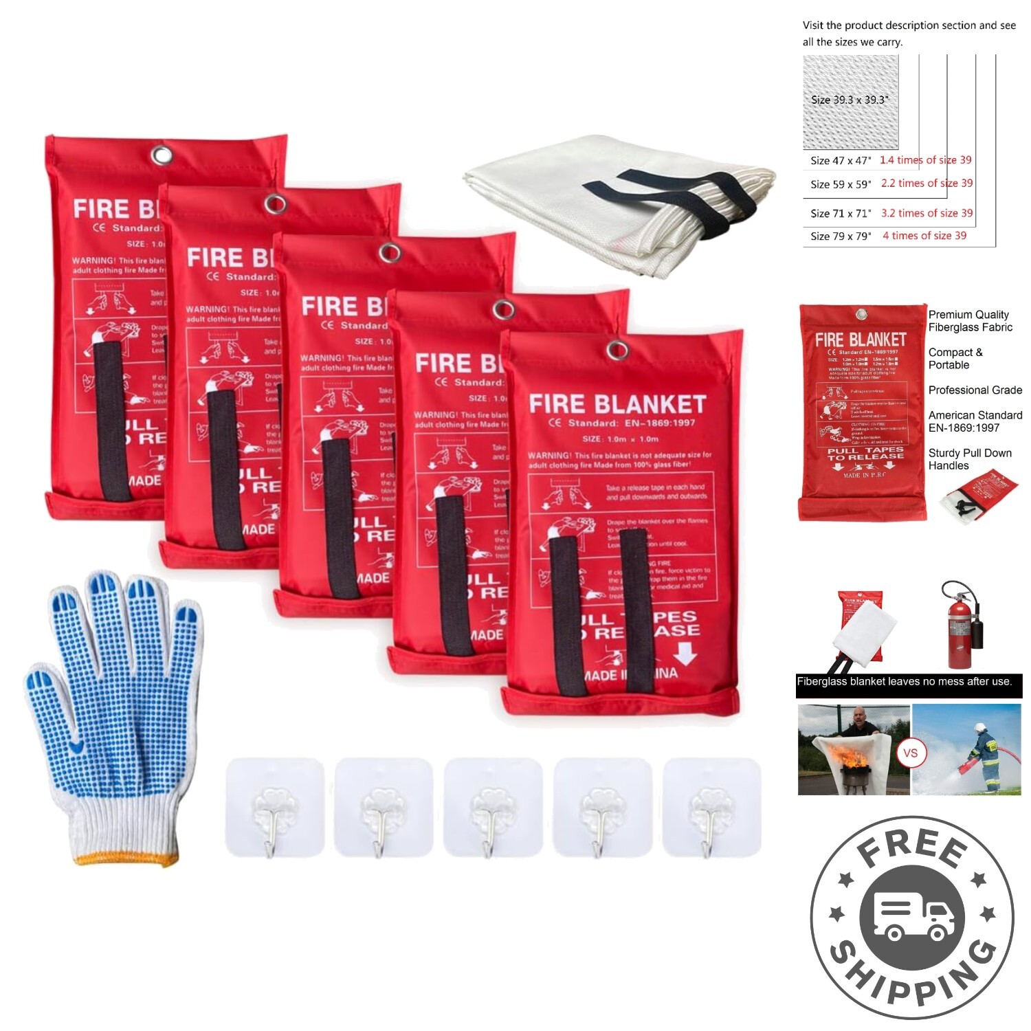Fiberglass Fire Blanket Emergency Kit – 5 Pack of Rescue Blankets for Safety