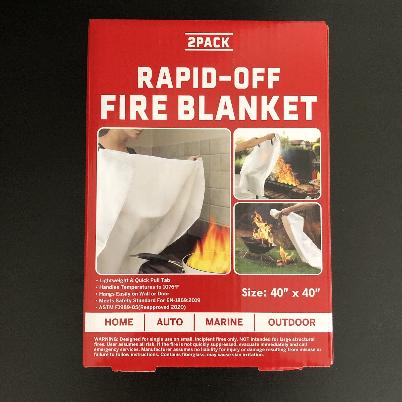 RAPID-OFF Fire Blanket 2 Pack Fiberglass Kitchen Garage Car Safety 40”x40”