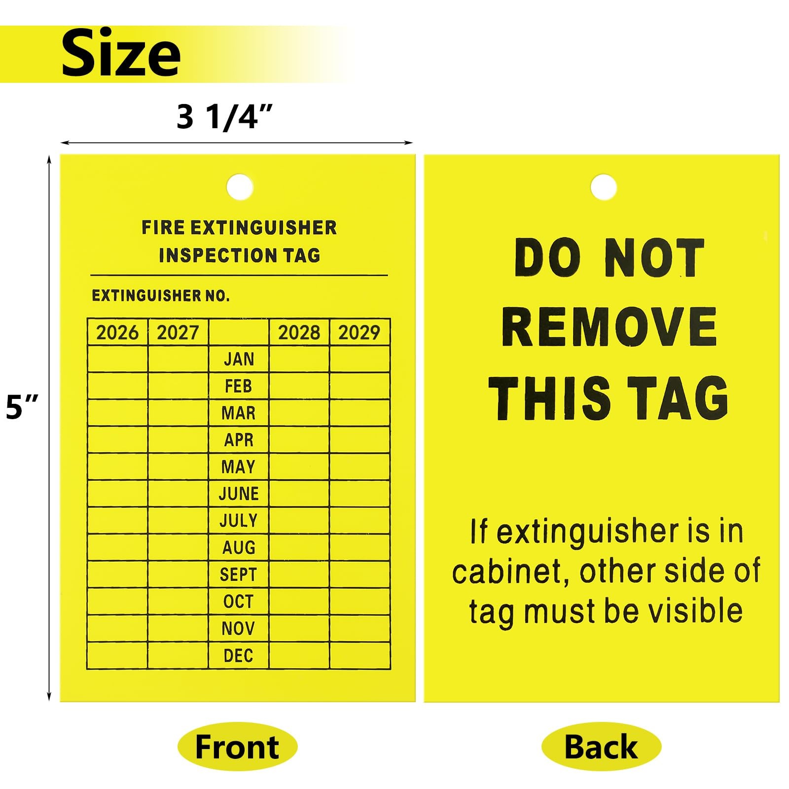 Monthly Fire Extinguisher Inspection Tags Record 4-Year 3.26 x 5 inch, Yellow