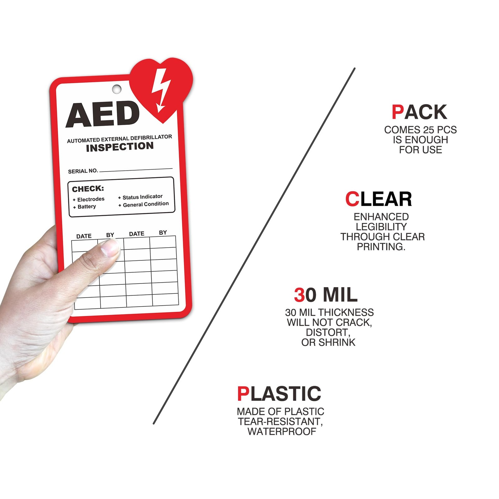 25 Pack Waterproof Plastic AED Inspection Tags Record Cards Zip Ties