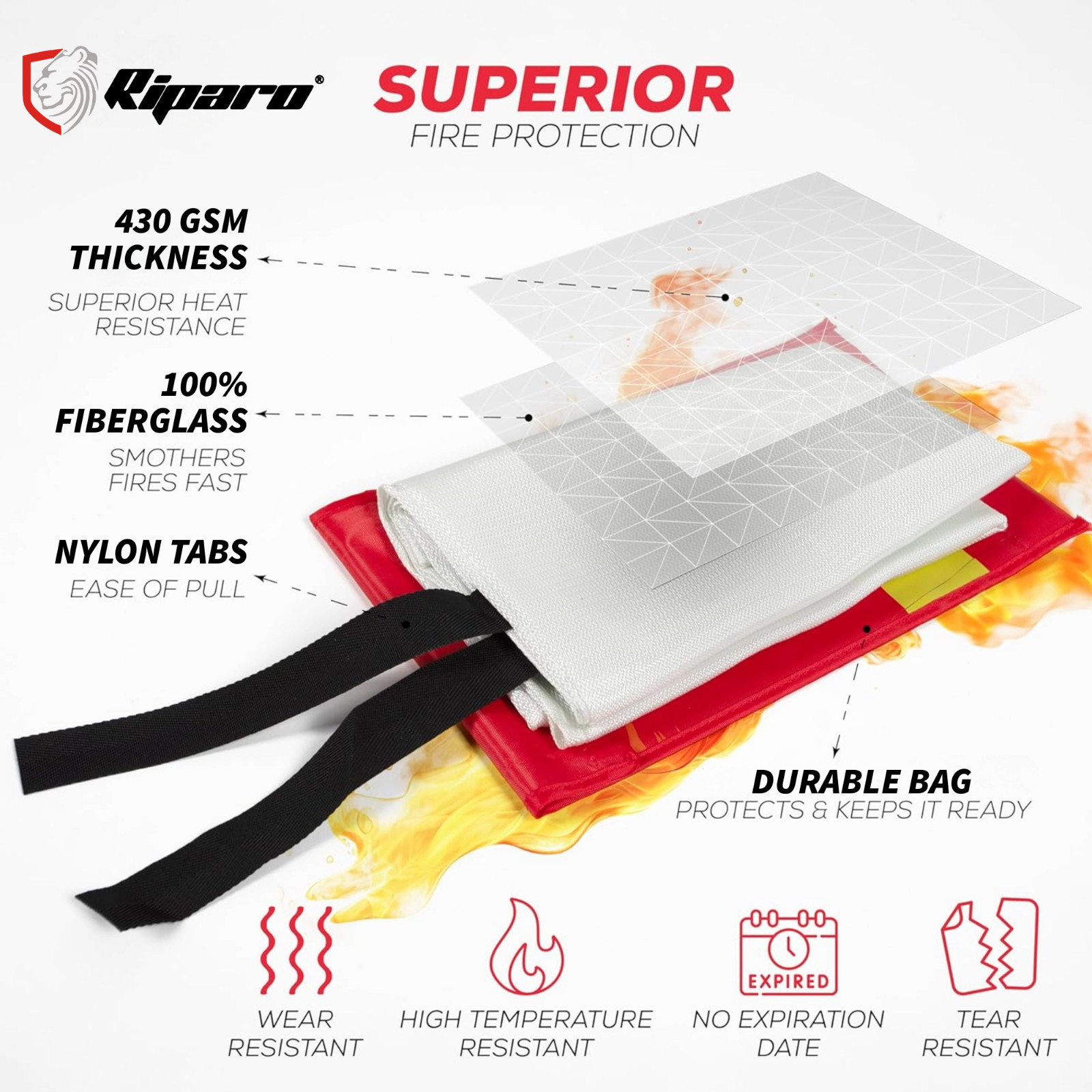Emergency Fire Blanket W/Hook, For Home & Kitchen, Fire pits, BBQ – 4 Pack